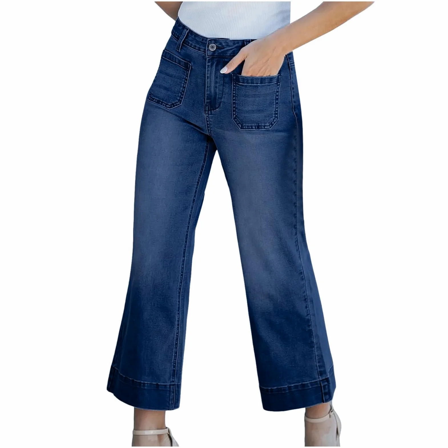 Pantalones De Verano Mujer Anchos, Pantalones Vaqueros Mujer Chino, Pierna Ancha Acampanados Talle Alto Mezclilla Recortados EláSticos Holgados con Bolsillos Parche Pantalon Pirata Pantalón
