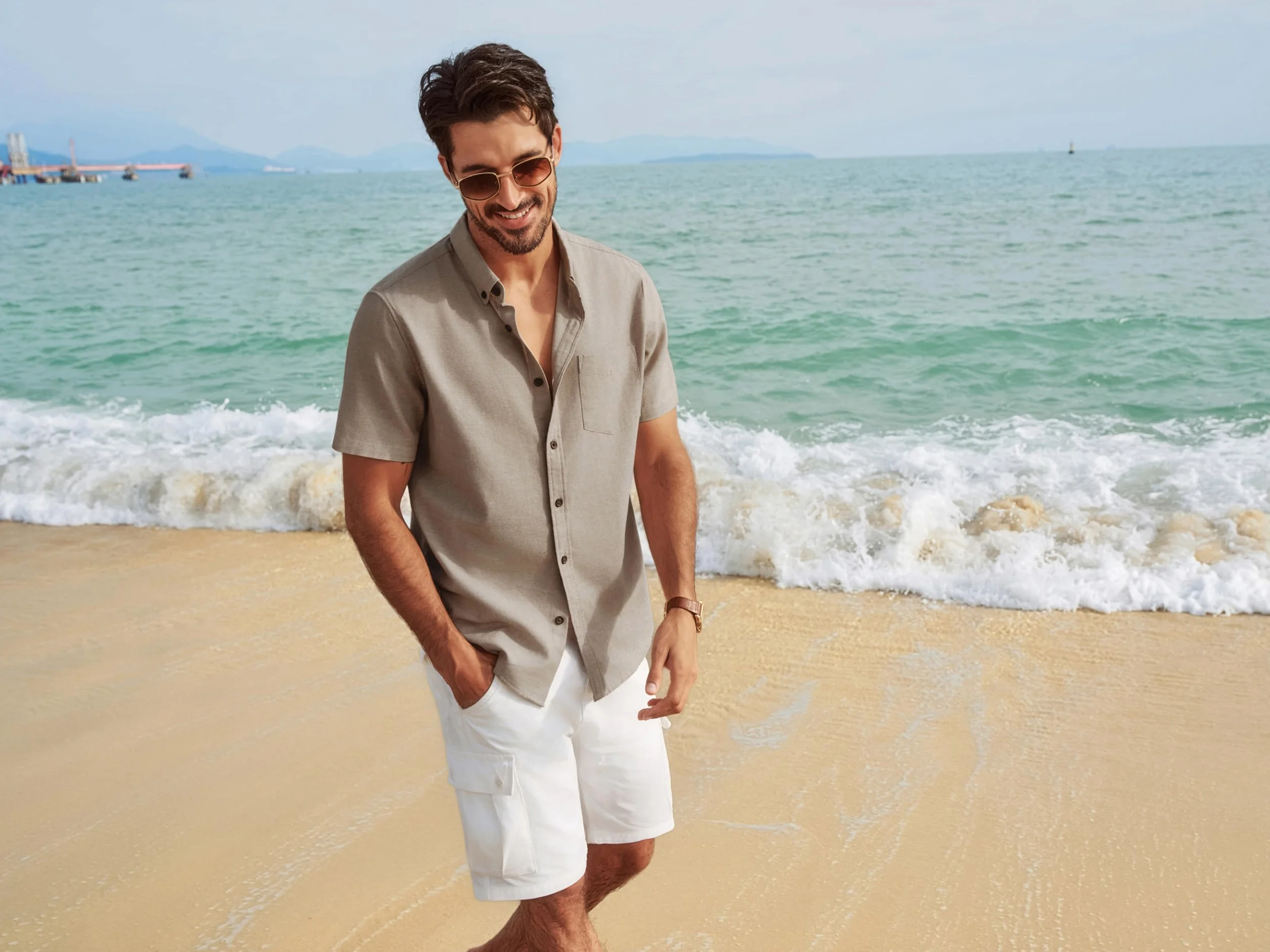 PJ PAUL JONES Camisa de lino manga corta para hombre, ligera verano