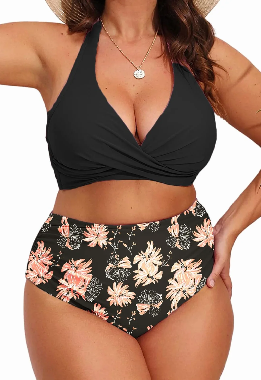 Mujer Bikini Dos Piezas Cintura Alta Fruncido Traje de Baño Cuello en V Control de Vientre Tallas Grandes