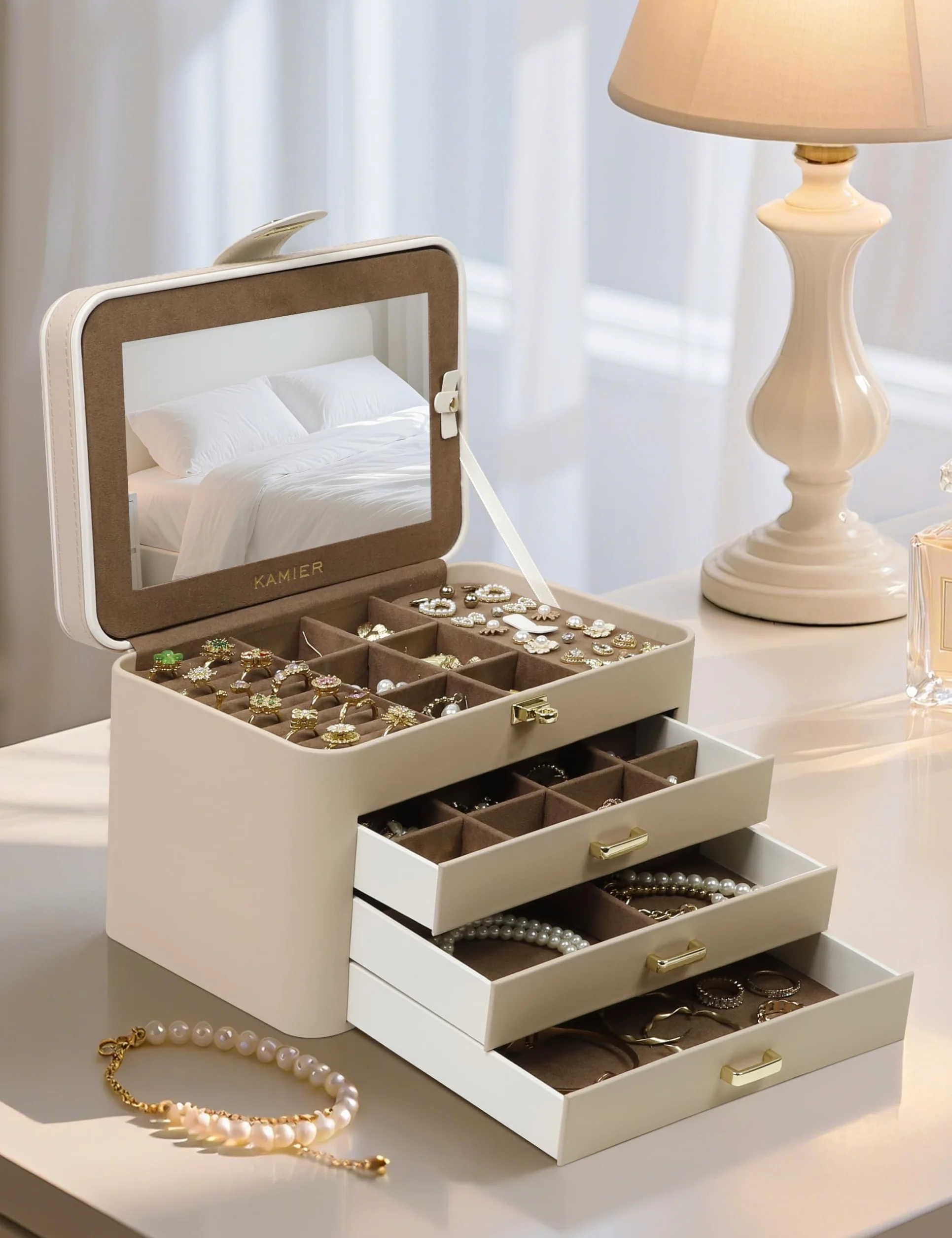KAMIER Joyero Grande de 4 Niveles, Caja de Joyas con Espejo, Cajones y Cerradura, Piel Sintética, Beige