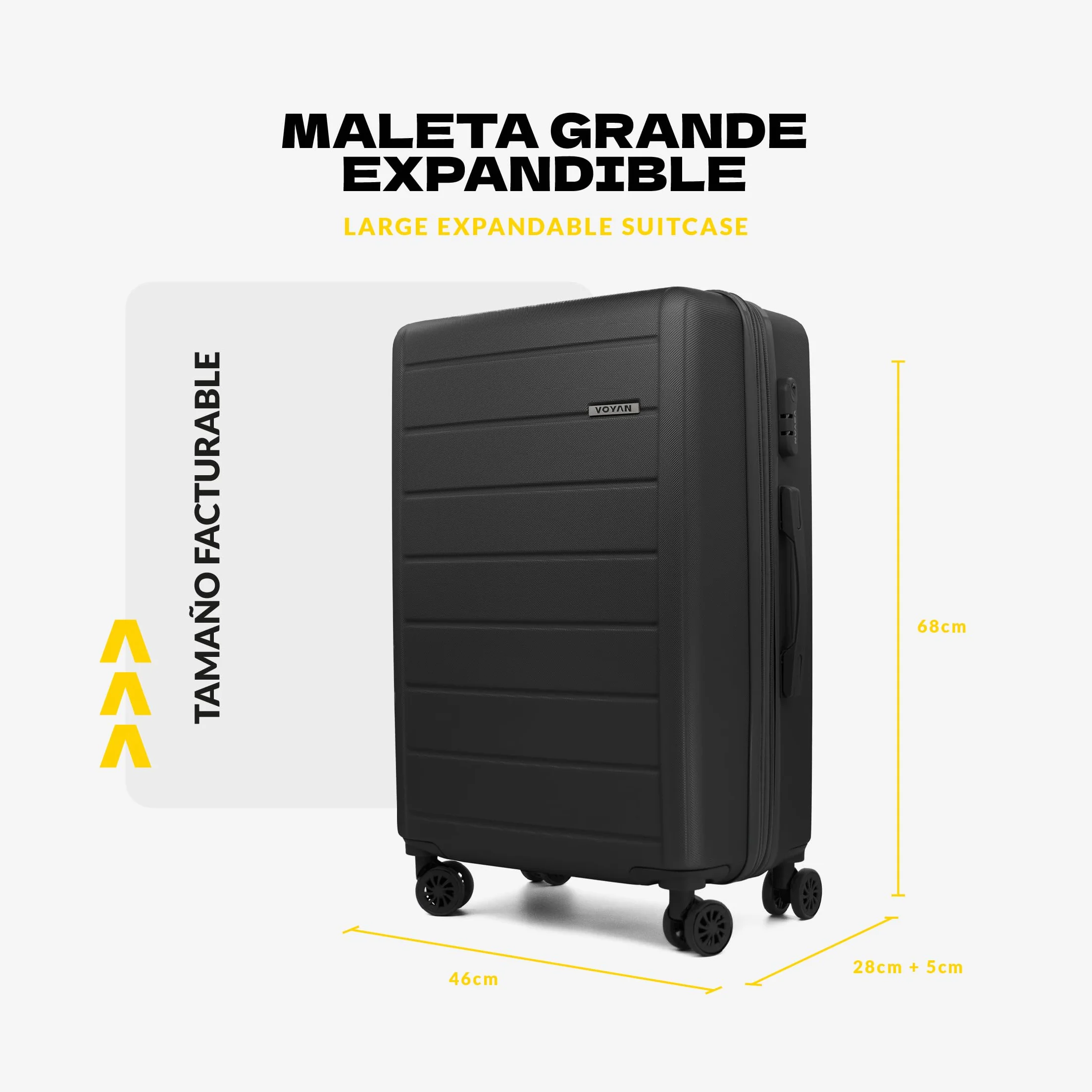 VOYAN Maleta Grande 23kg SDR Gris 68x46x28 Expandible, Trolley Rigido ABS Ligero 4 Ruedas 360°