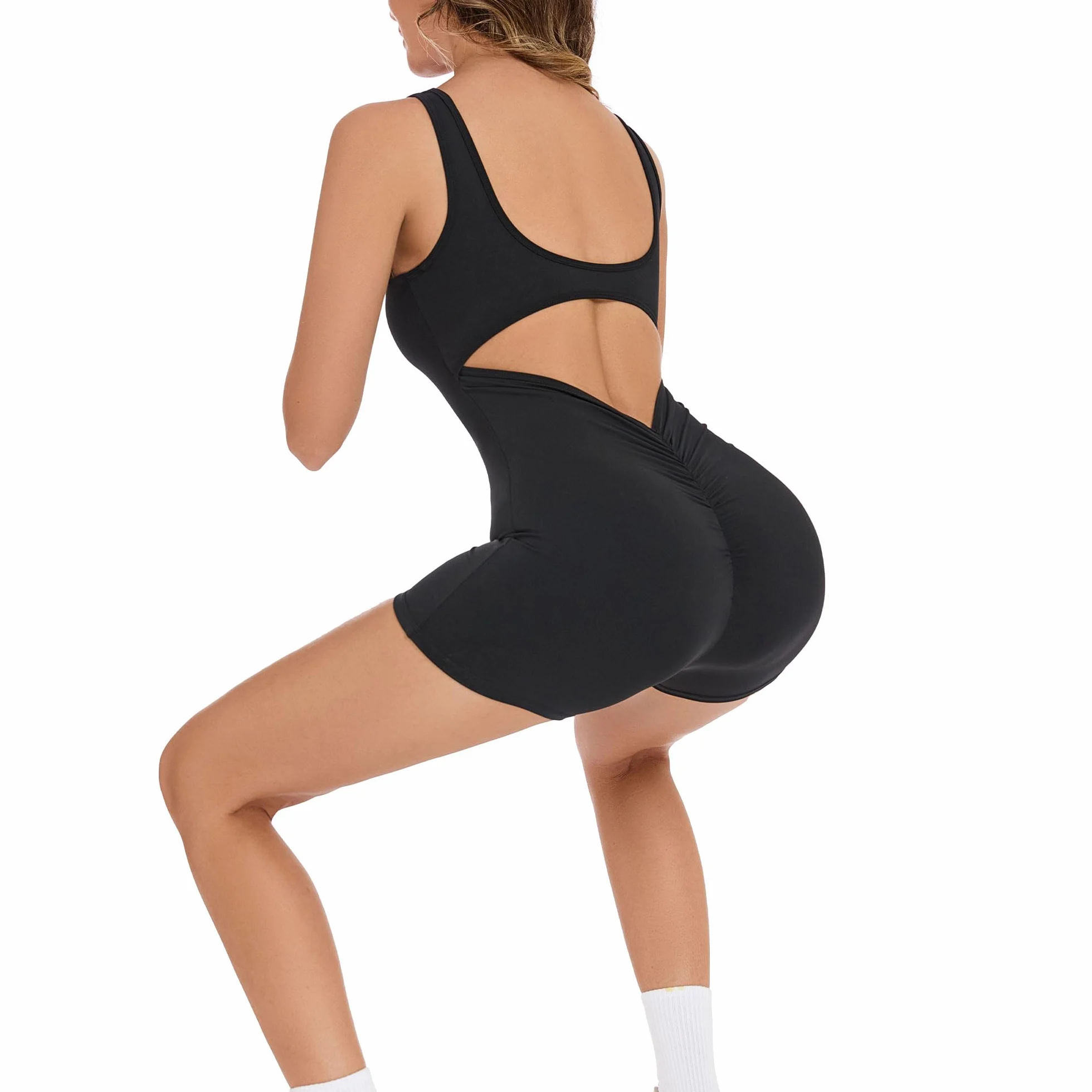 Mono Deportivo Mujer Corto sin Mangas Fitness Jumpsuit Levantamiento de Glúteos Acolchado sin Espalda