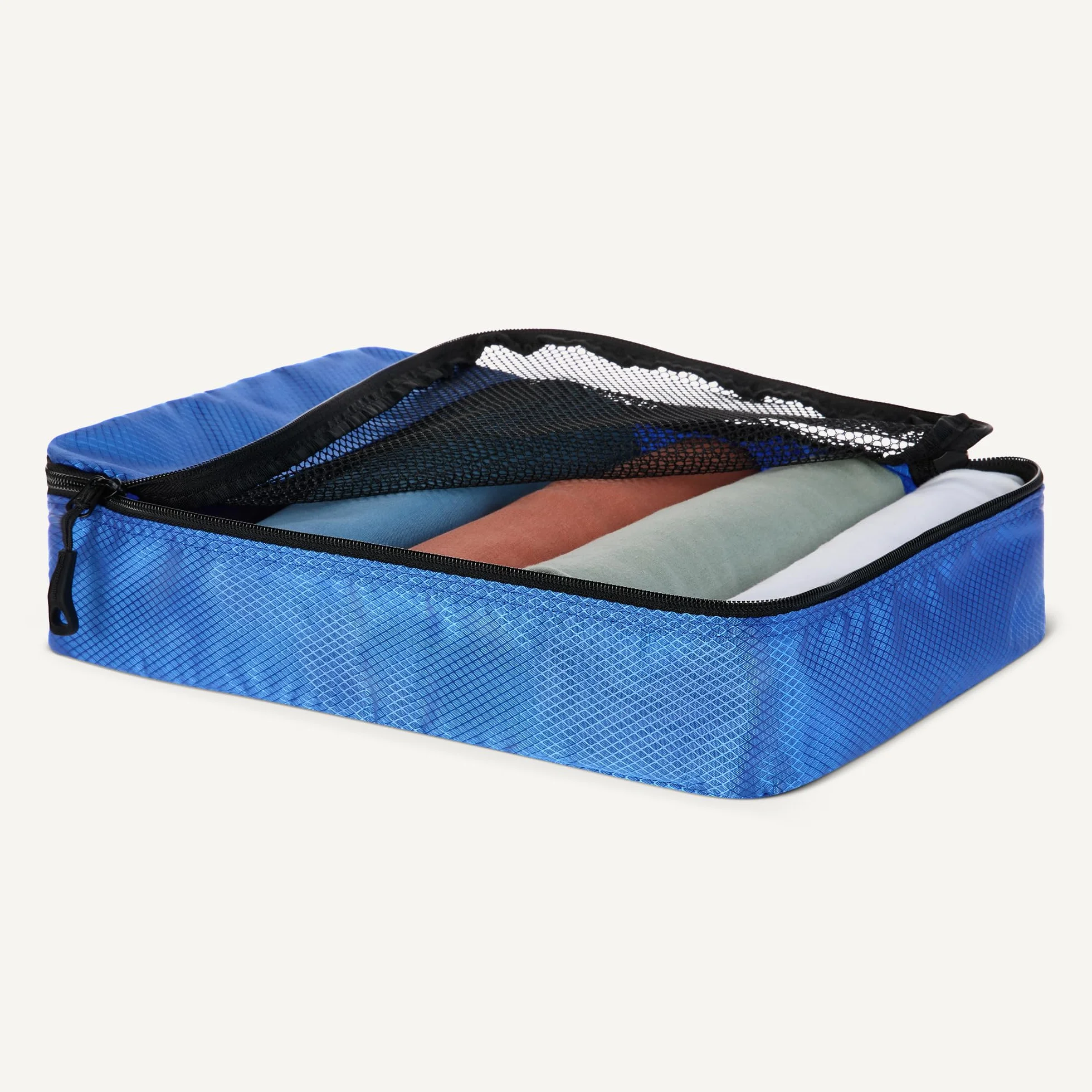 Amazon Essentials Juego de 4 Cubos para Viaje, Organizador de Equipaje con Doble Cremallera, Poliéster, 2 Mediano/2 Grande, Azul
