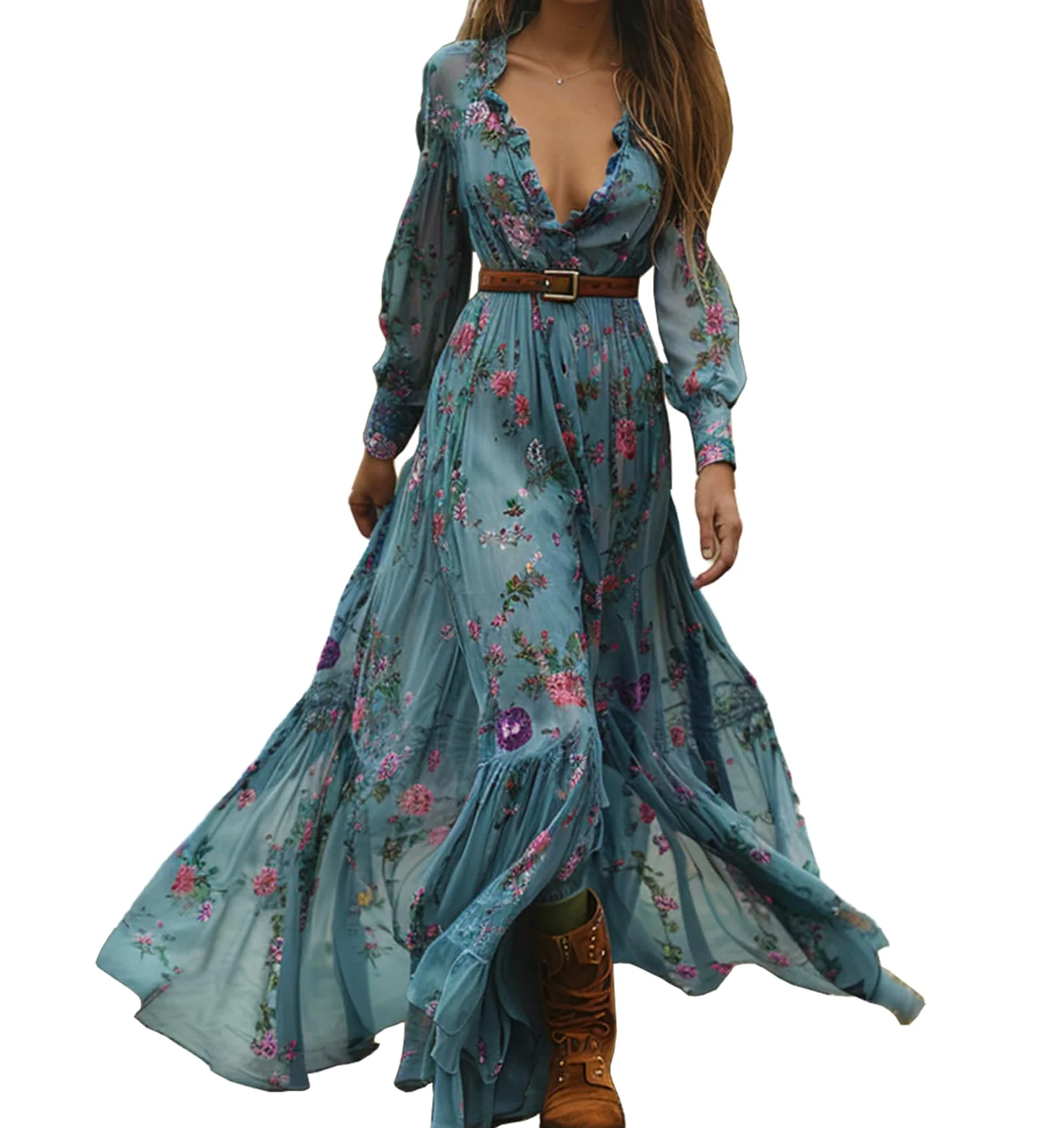 Vestido Largo Vintage de Flores campestres para Mujer, Vestido Maxi Holgado de Manga Larga con Escote en V Sexy, Vestido Informal Holgado de otoño