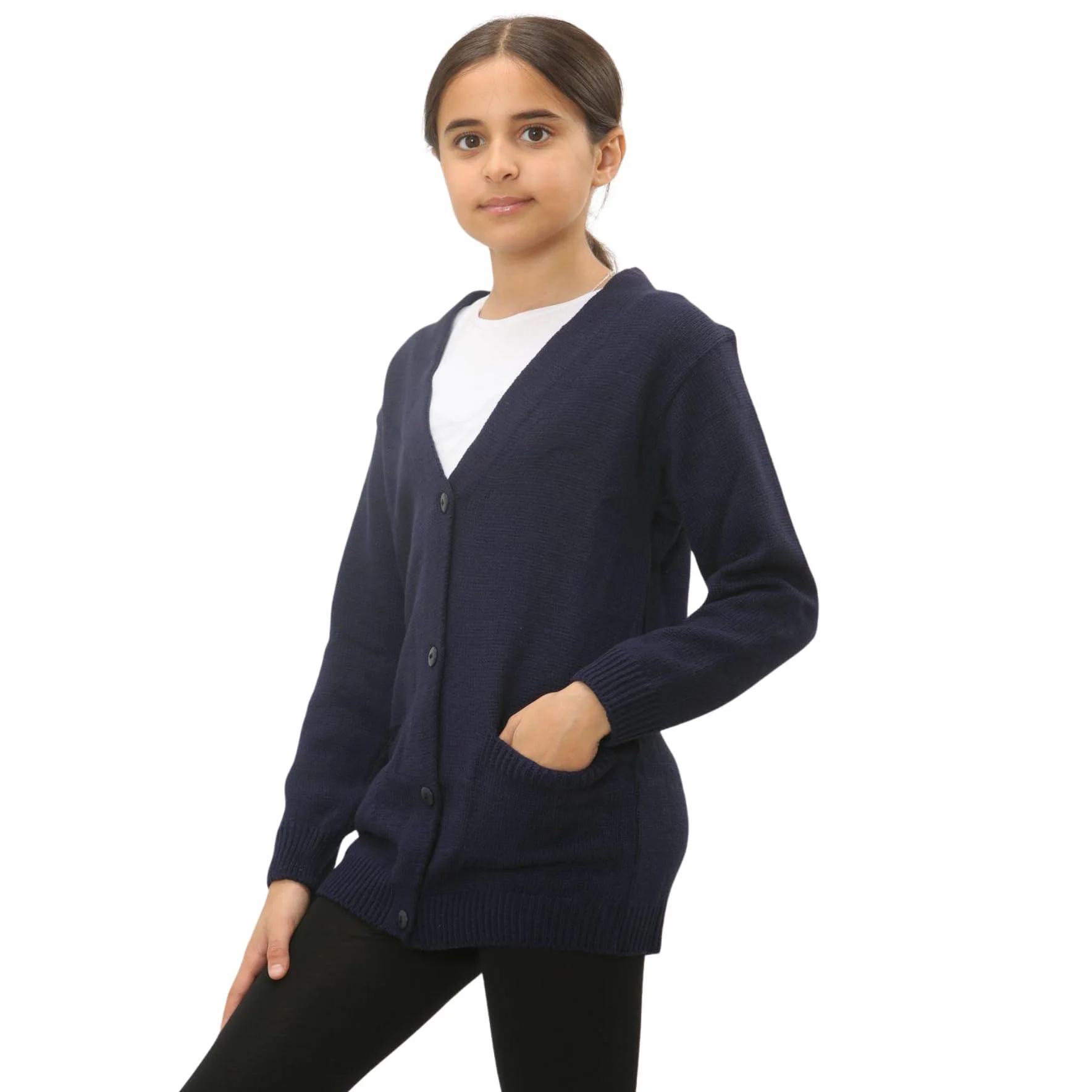 janisramone Cárdigan de punto fino de manga larga para niñas y niños, suéter de cuello en V de 4 botones con dos bolsillos delanteros, suéter casual liso, cárdigan escolar para niñas y niños