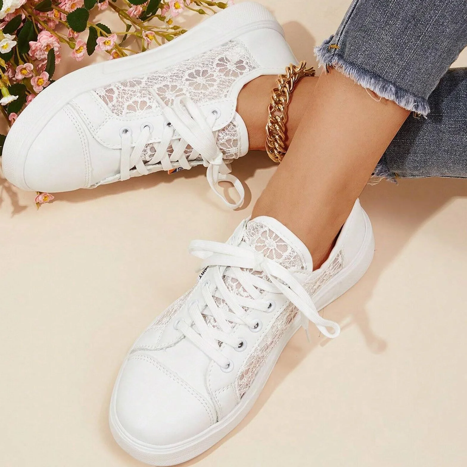 Zapatillas de mujer con flores de encaje zapatos casuales transpirables elegantes con cordones deportivas ligeras planas
