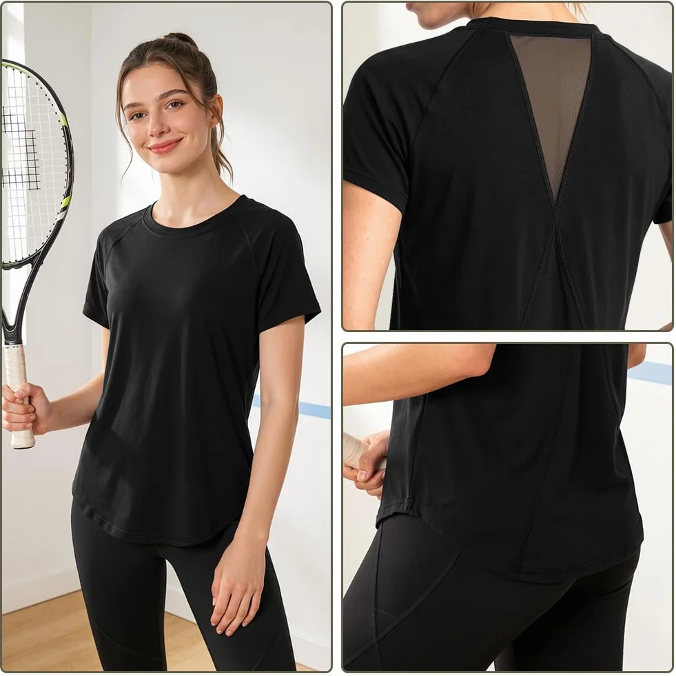 DiULi Camiseta Deportiva Mujer Manga Corta con Malla Espalda Ajuste Holgado Ropa Entrenamiento Atlético Yoga Pilates Fitness Top