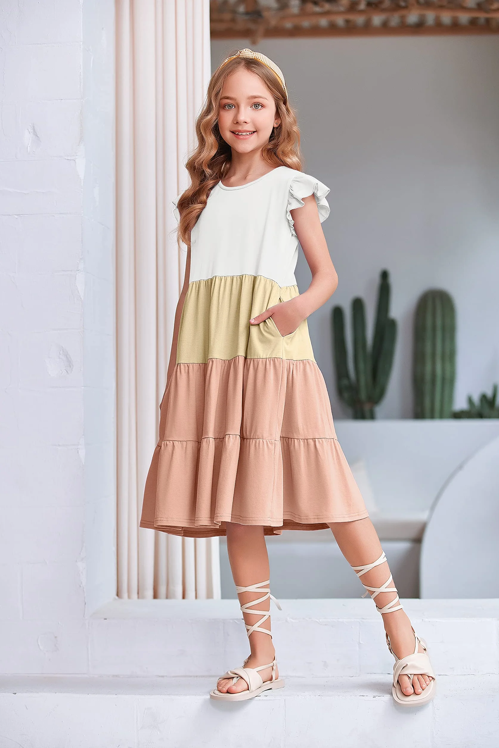 Vestido de Verano para Niñas Arshiner Algodón Mangas de Volantes Escote Redondo 4-14 Años