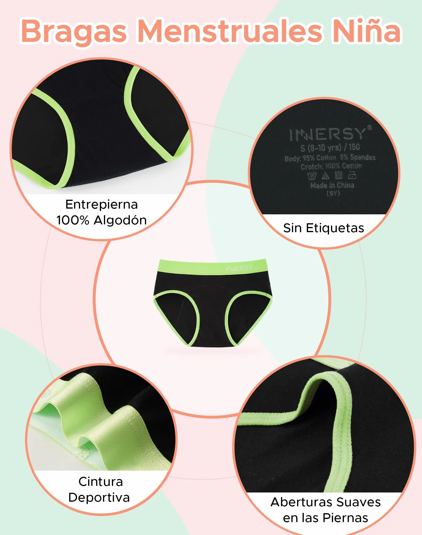 INNERSY Bragas Menstruales Reutilizables Algodón 3 Pack 8-16 Años