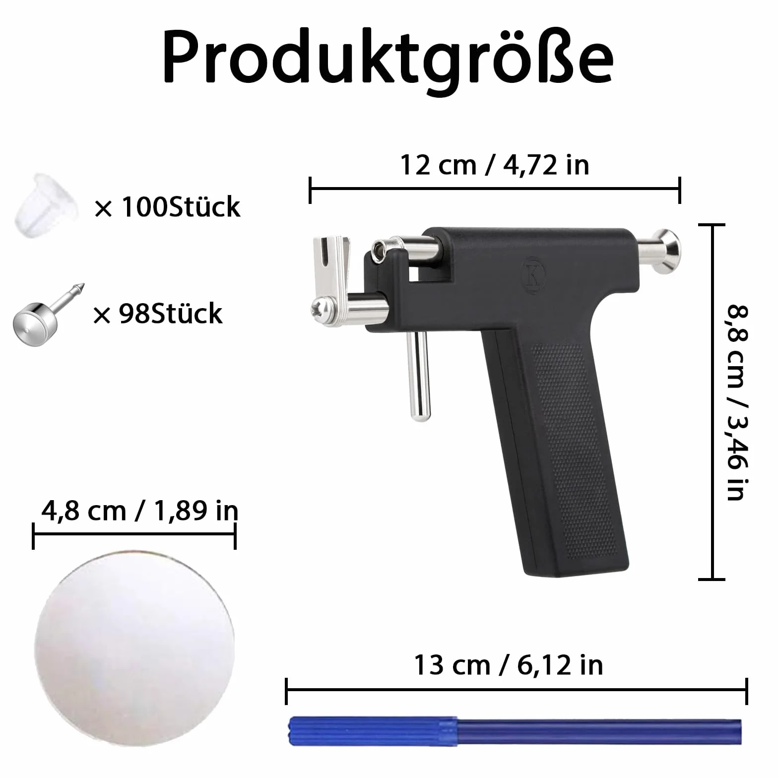 Kit de Pistola para Perforación de Orejas Profesional, 98 Pendientes, Negro