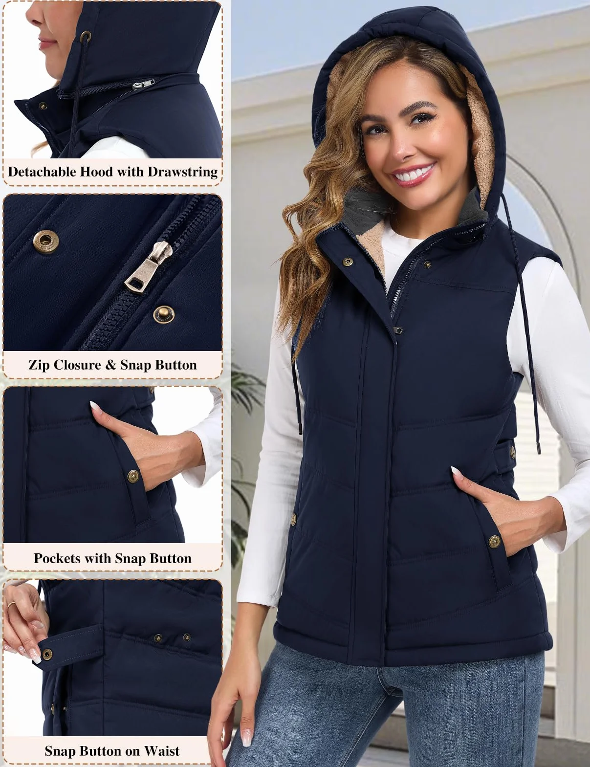 Chaleco Mujer Invierno Térmico Acolchado Chaqueta sin Mangas Forro Polar con Capucha Bolsillos