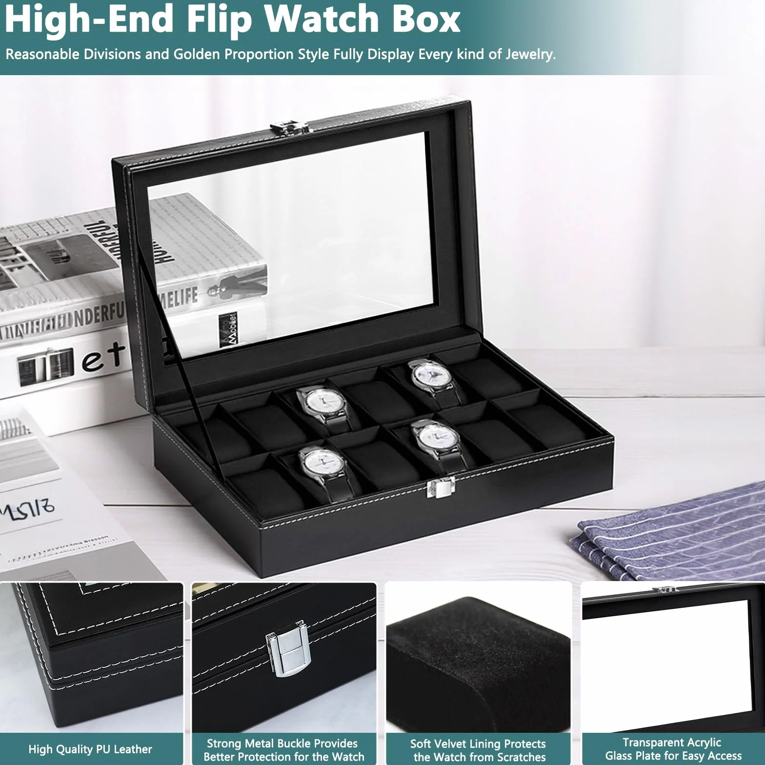 Estuche Relojes 12 Compartimentos Organizador Piel Sintética Almohadilla Extraíble Negro