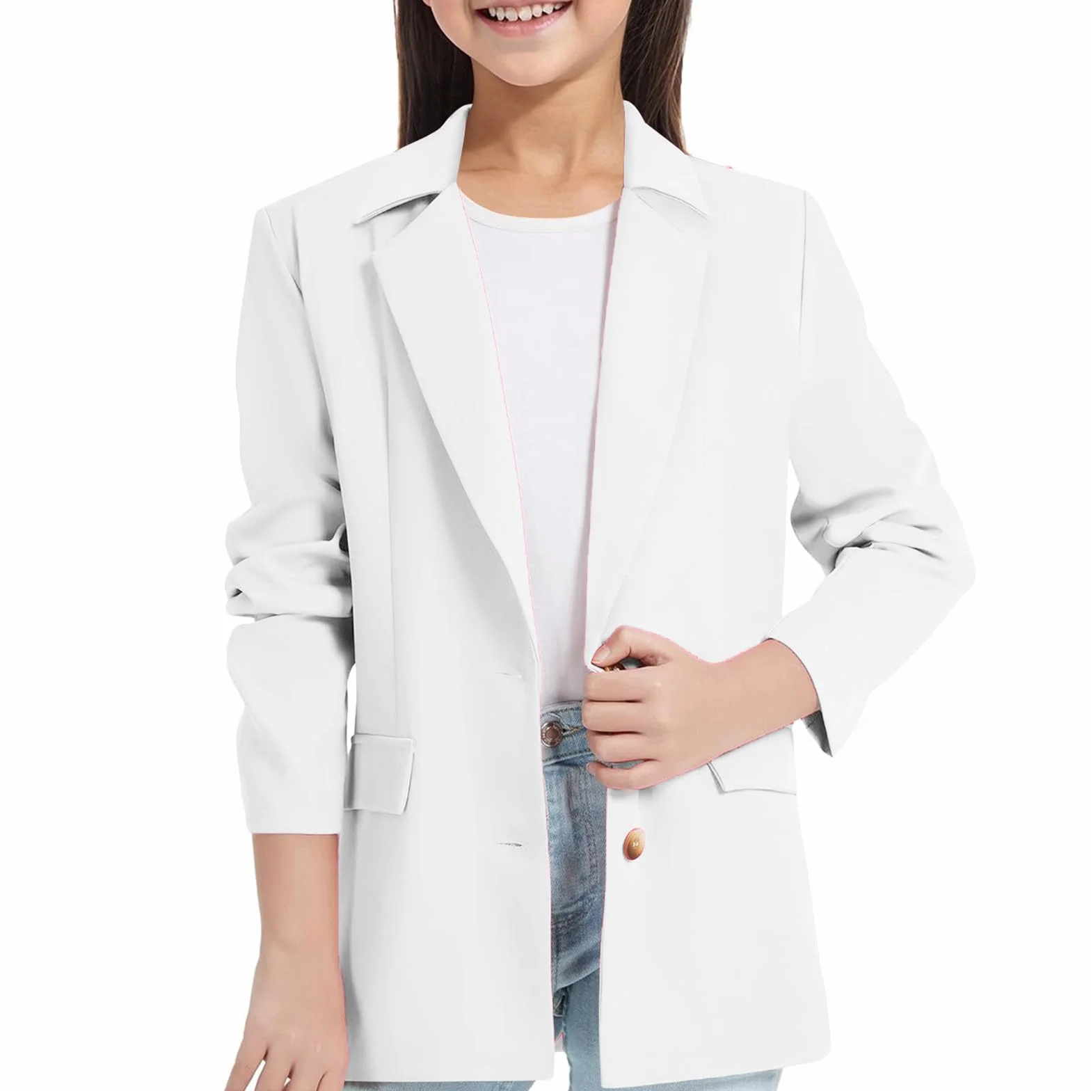 Chaqueta blazer para niñas Manga larga Cuello de solapa con bolsillo interior delantero abierto
