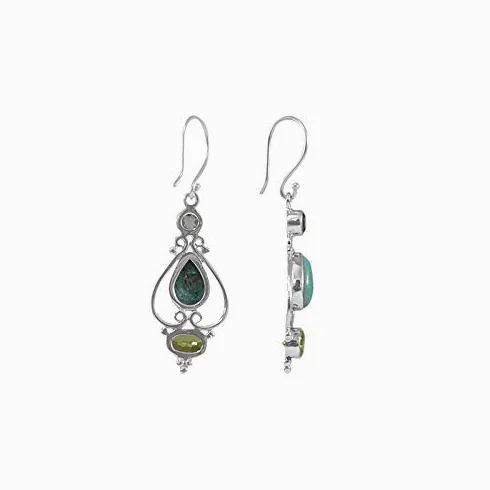 925 Sterling Silver Turquoise, Peridot, Green Amethyst Dangle Earrings