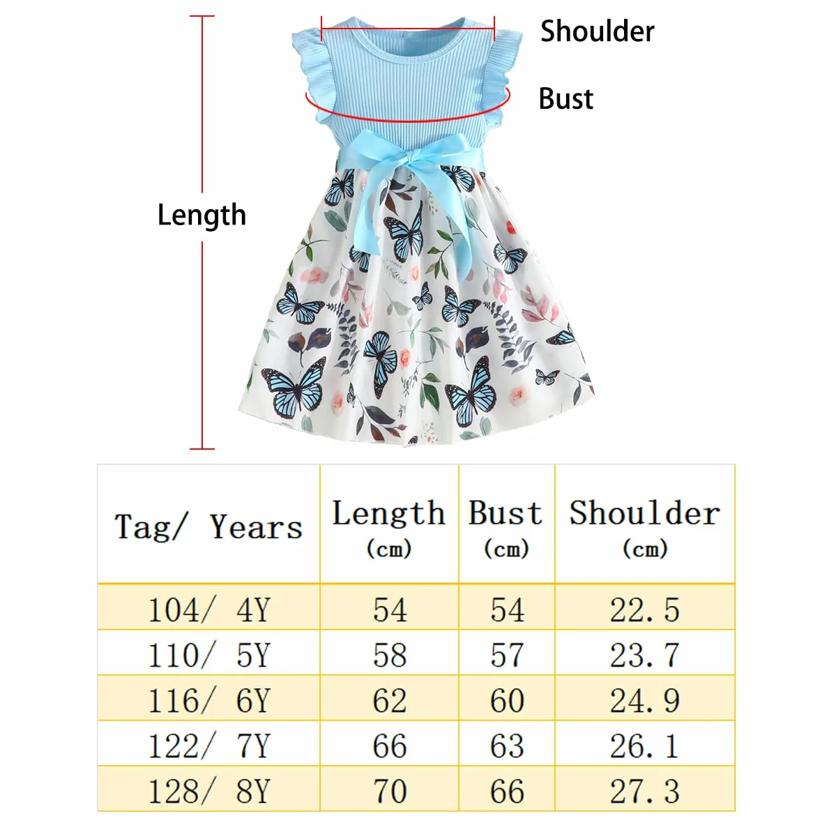 Vestido Princesa Niña Moño Flor Mangas Cortas Patrón Mariposa Fiesta Verano 4-8 años