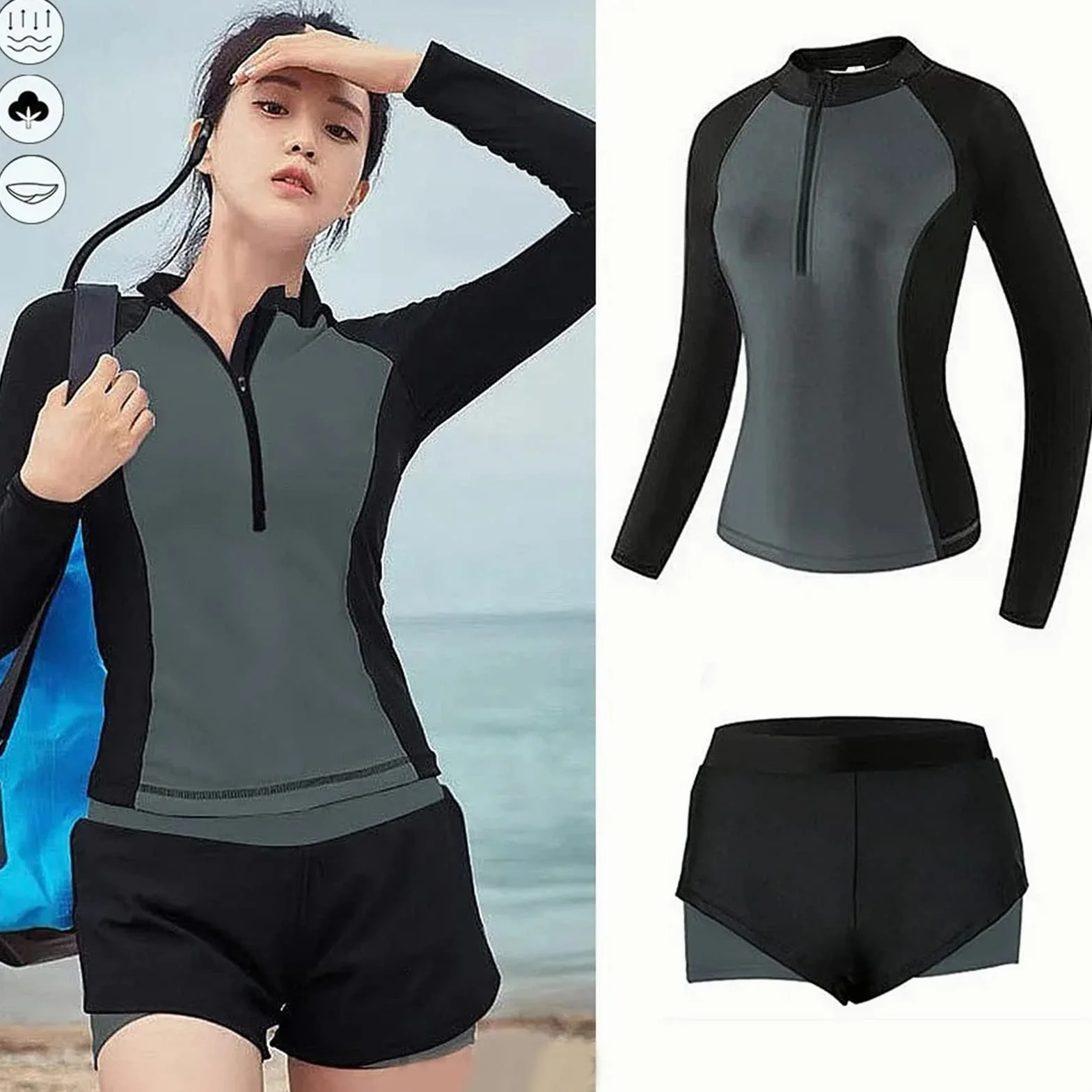 Traje de baño de dos piezas para mujer manga larga protección solar cuello redondo secado rápido deportivo