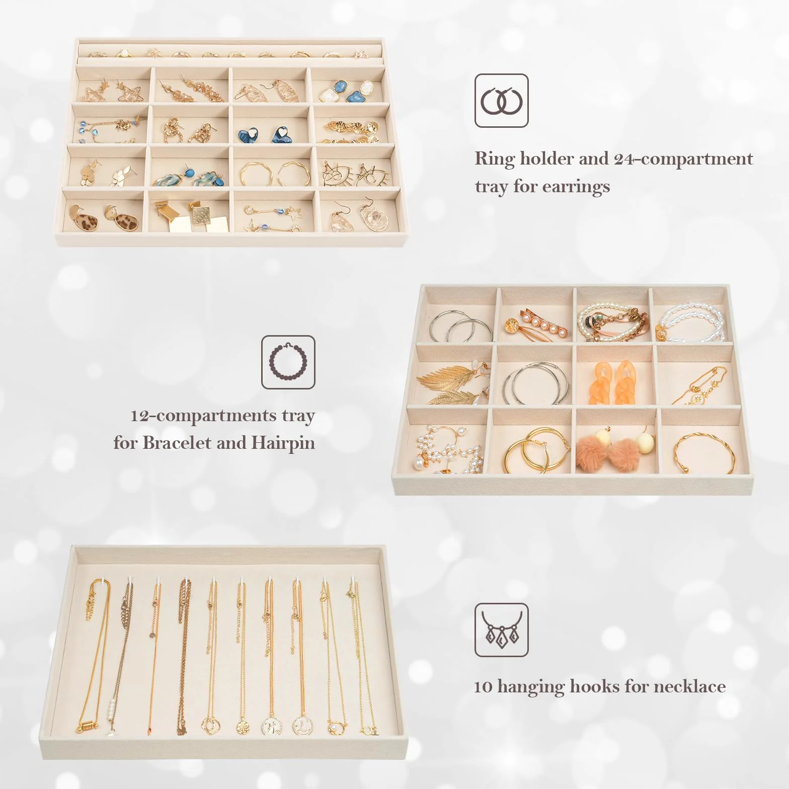 ProCase 3 Bandejas Organizadora para Joyería, Apilables para Cajón Tocador Armario, Exhibidor de Collares Pendientes Pulseras Anillos Relojes, Regalo Ideal para Mujeres y Niñas -Crema