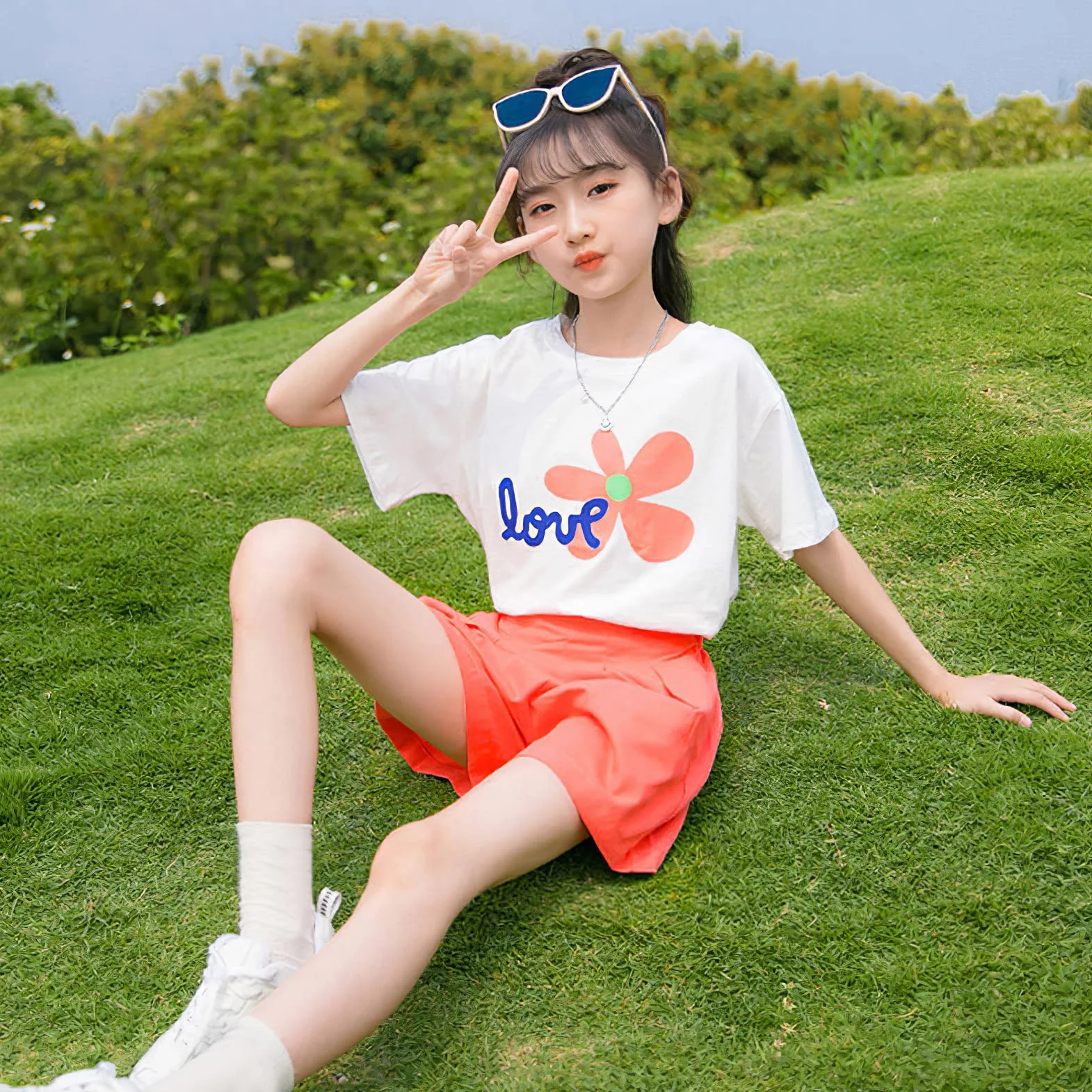 amropi Niña 2 Piezas Floral Camiseta de Manga Corta y Pantalones Cortos Verano Conjunto de Ropa 3-13 años