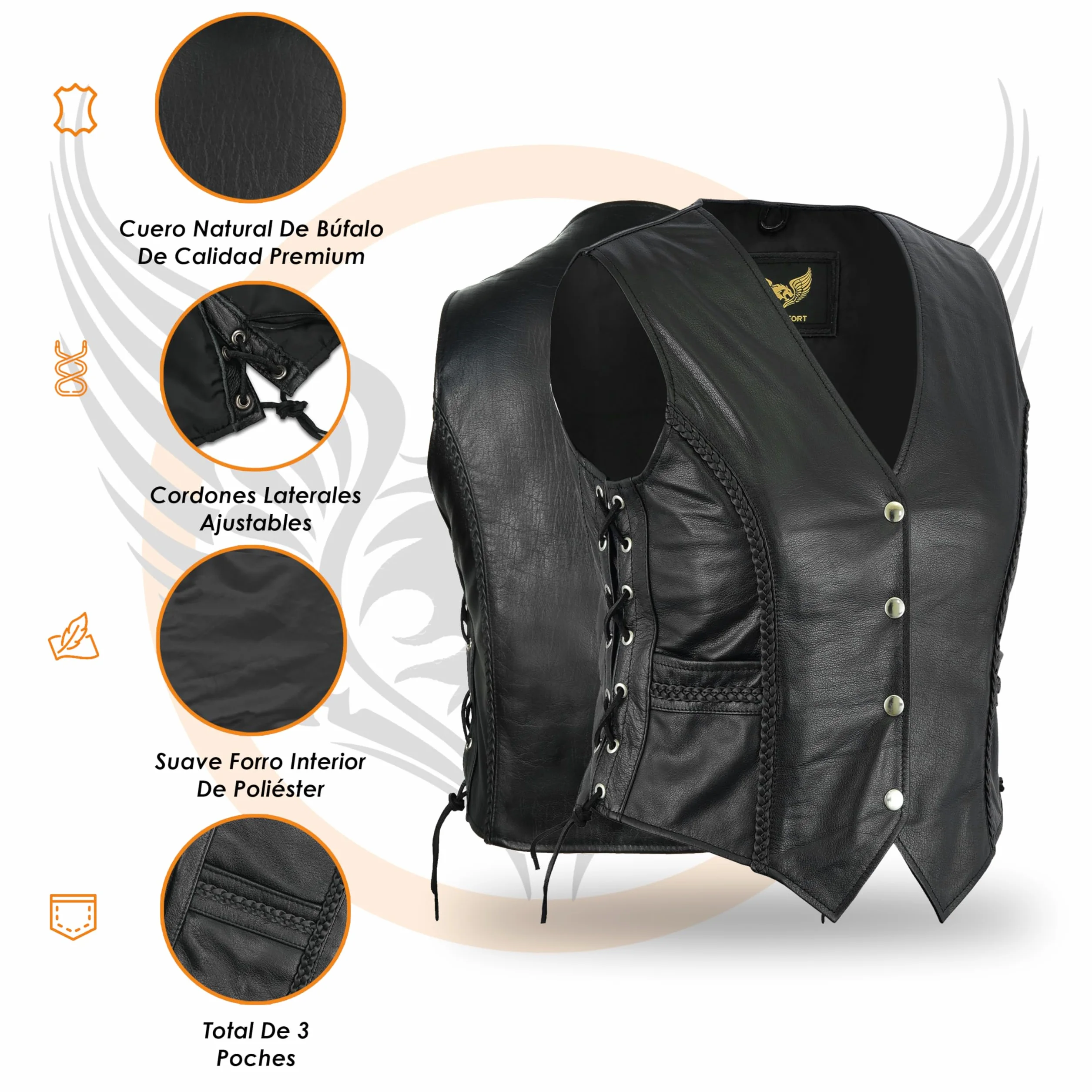Leatherick Chaleco estilo motorista trenzado de cuero para mujer para chaqueta/chaleco sin mangas casual y de moda