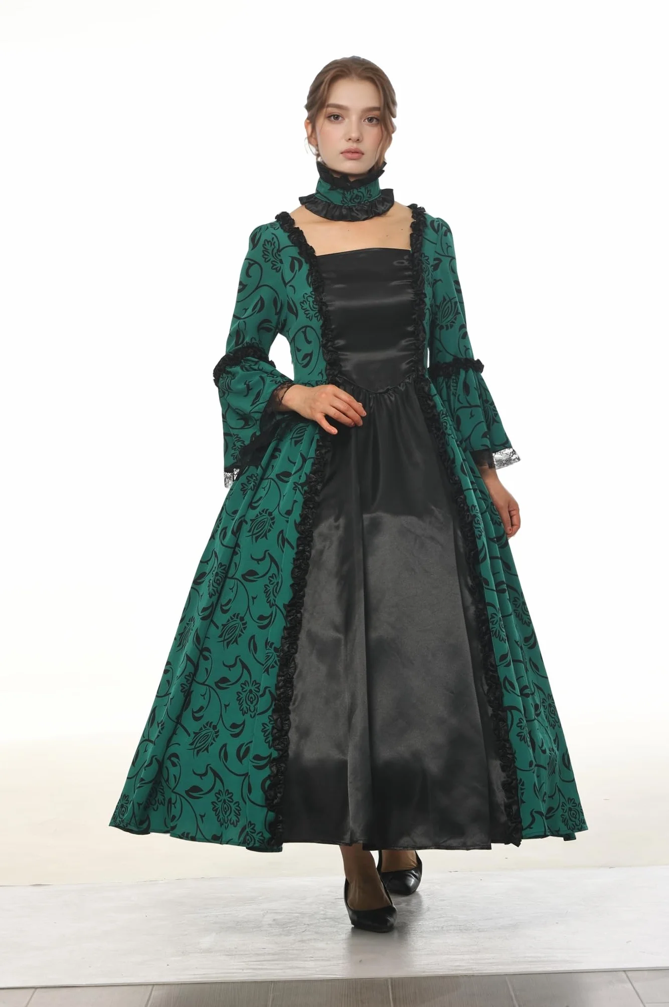 CAMDOM Vestido de Fiesta Victoriano Mujer Retro Medieval Palacio Largo Cuello Cuadrado Satén Elegante Mangas Acampanadas Disfraz Vintage Cosplay
