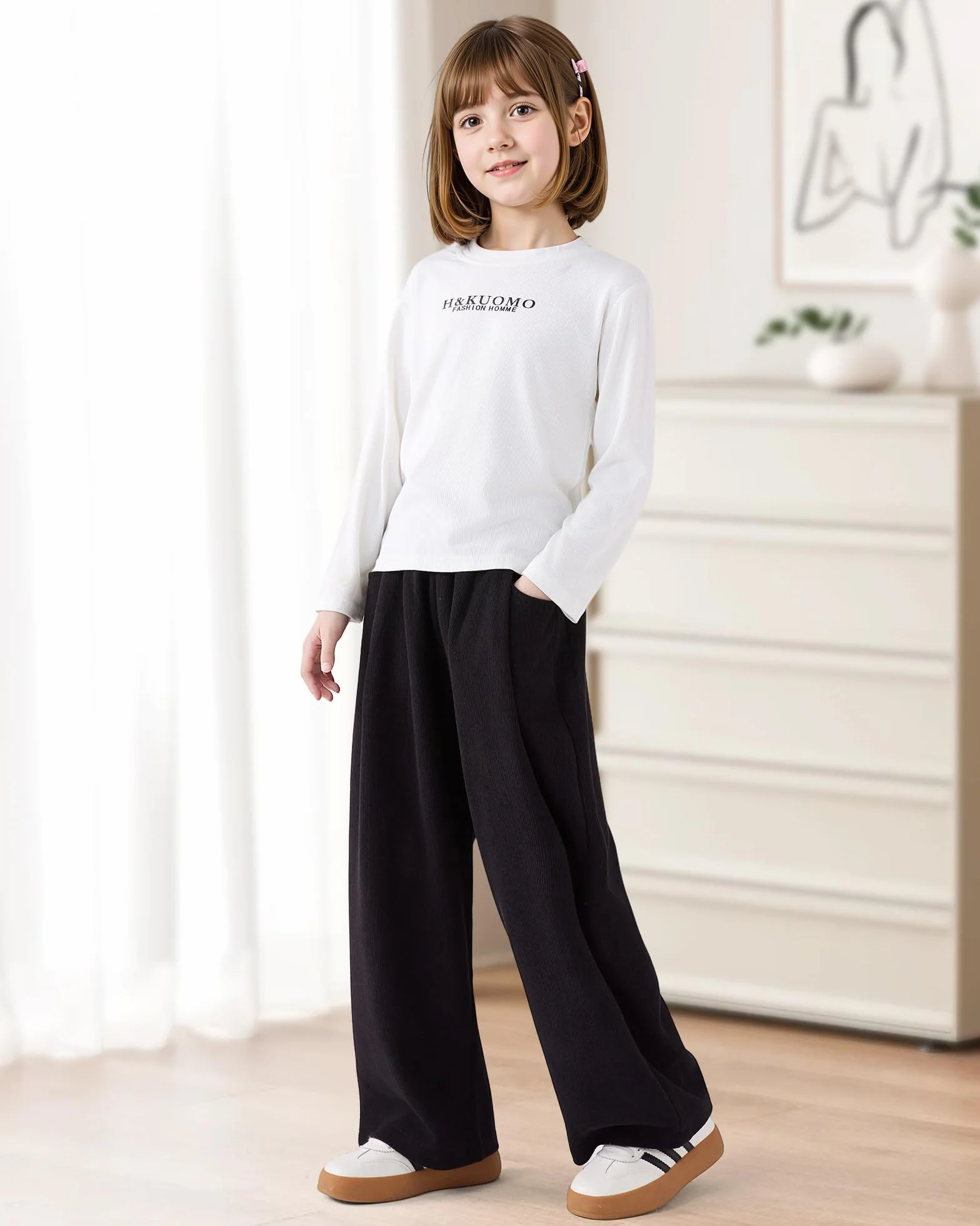 KAKU NANU Pantalones para niñas, cintura elástica, pierna ancha, 2 bolsillos, negro, marrón, beige, rosa, 5-13 años