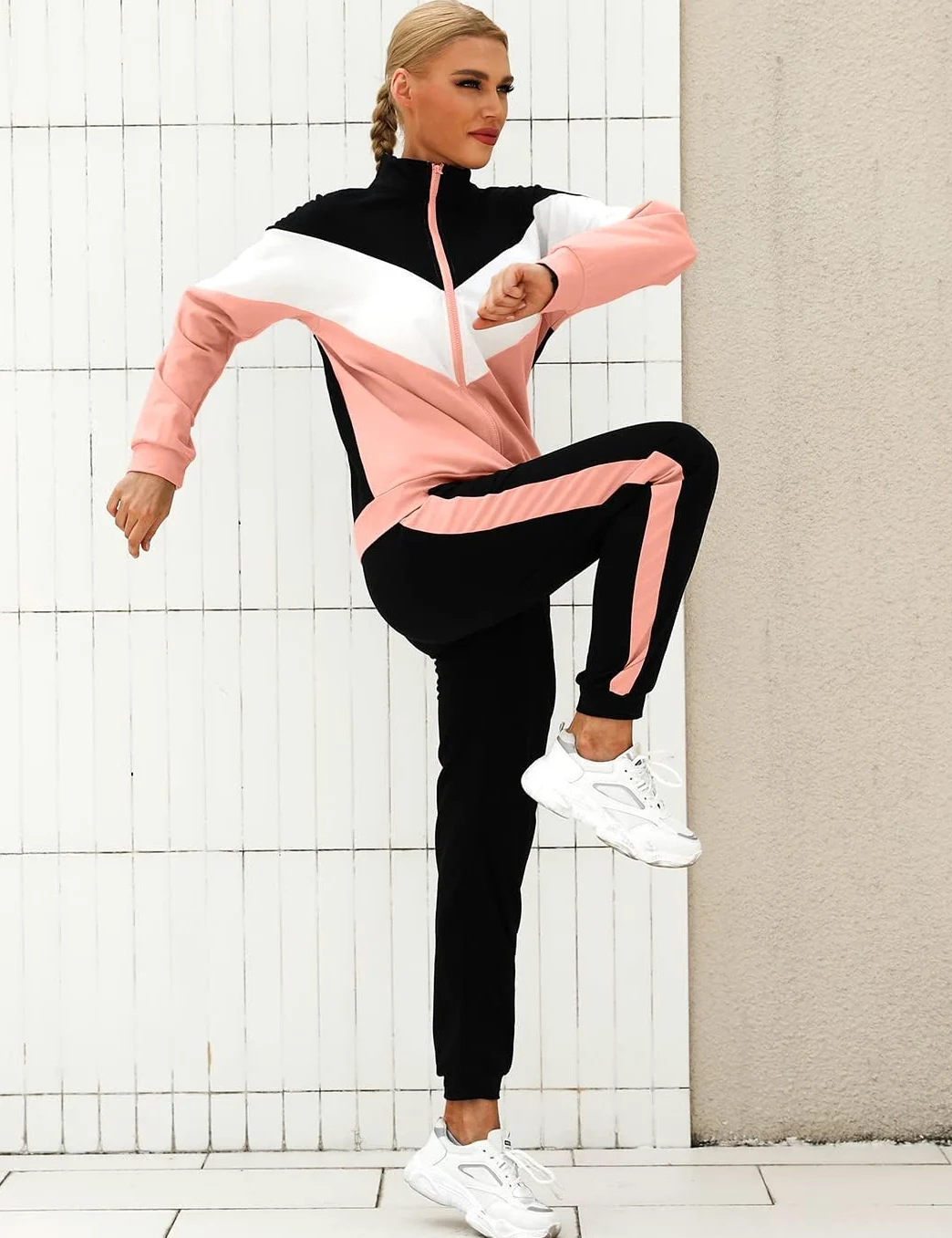 Marvmys Conjunto Chándal Mujer Contraste Conjuntos Deportivo | Otoño Invierno Top Manga Larga con Cremallera y Pantalones Deportivos S-XXL