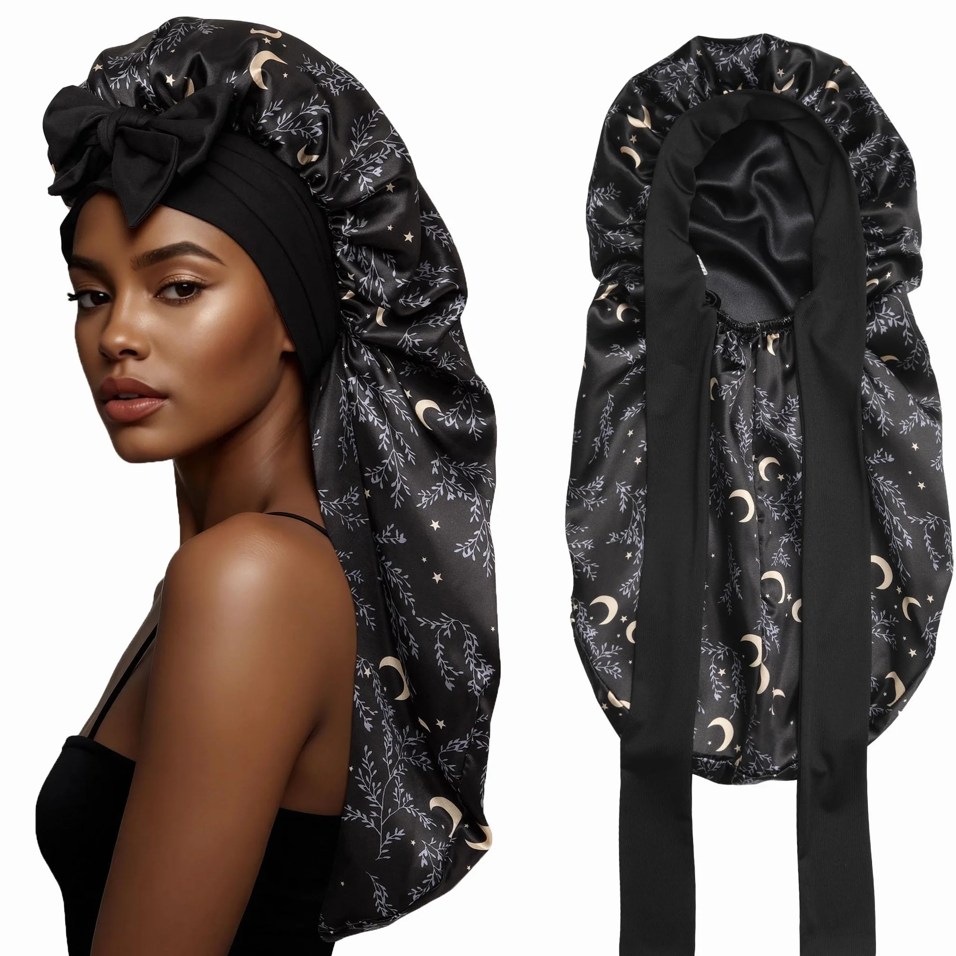Gorro Largo de Satén Reversible de Doble Capa para Mujer Dormir con Banda