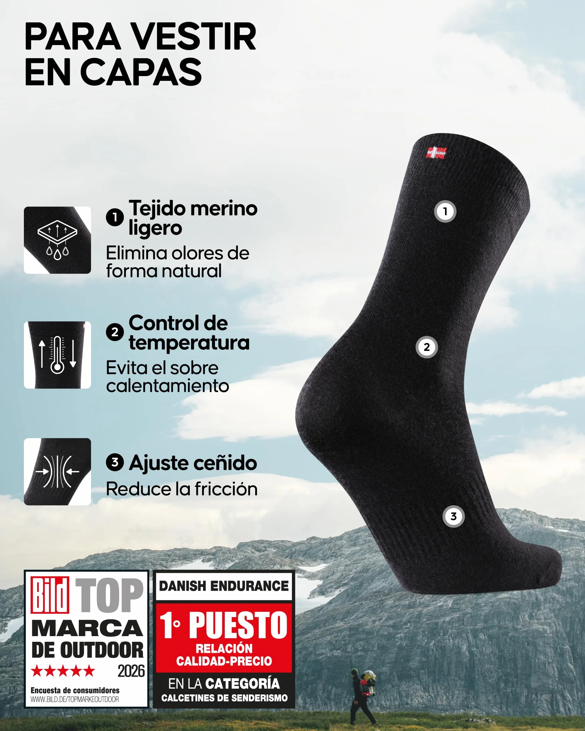 DANISH ENDURANCE Calcetines Ligeros de Senderismo en Lana Merino, Transpirables y Antiampollas, 2 o 4 Pack