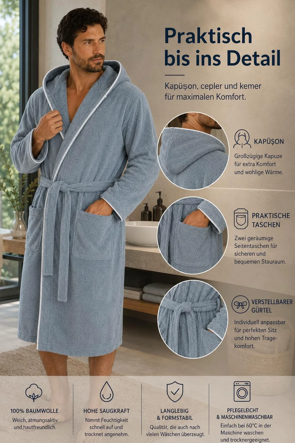 ELY PARKER Albornoz para hombre de rizo con capucha de algodón