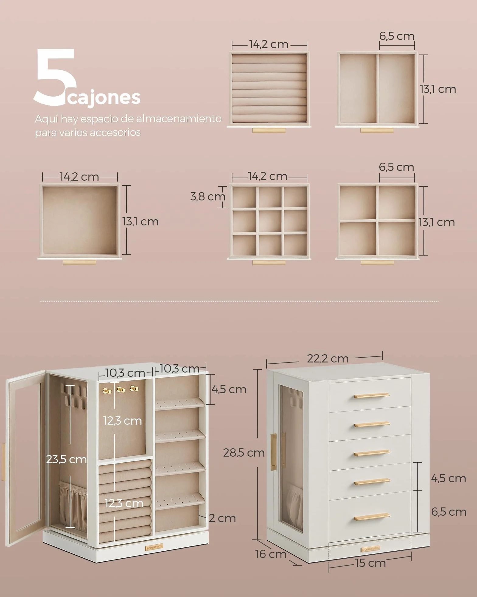 SONGMICS GISELLA Caja Joyero Giratorio 360° 5 Cajones Ventanas de Cristal Blanco Nube JBC170W01