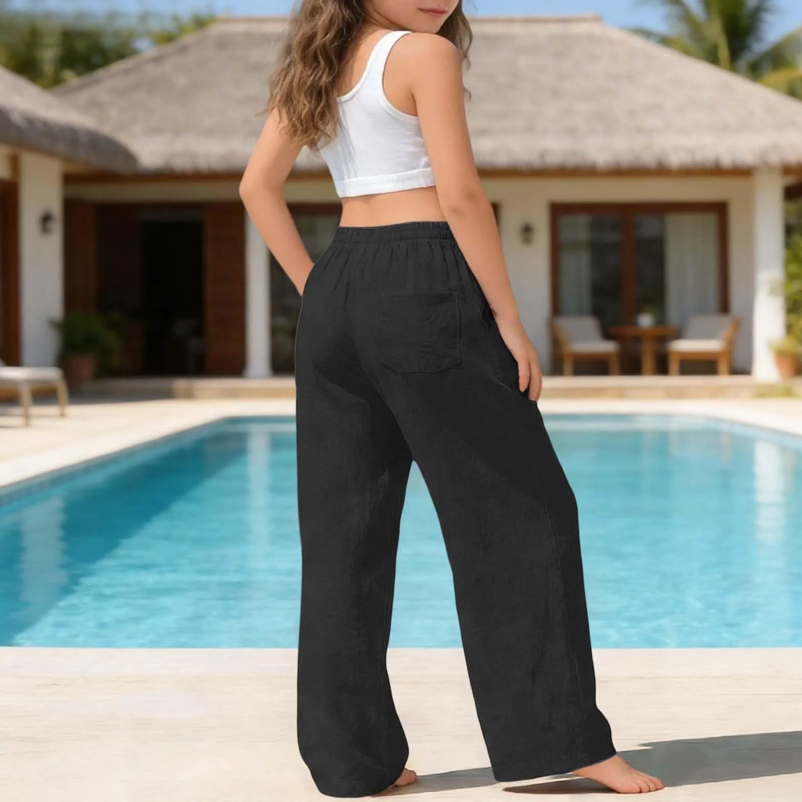 Pantalones de Lino para Niñas Palazzo Largo Ancho Transpirables Verano