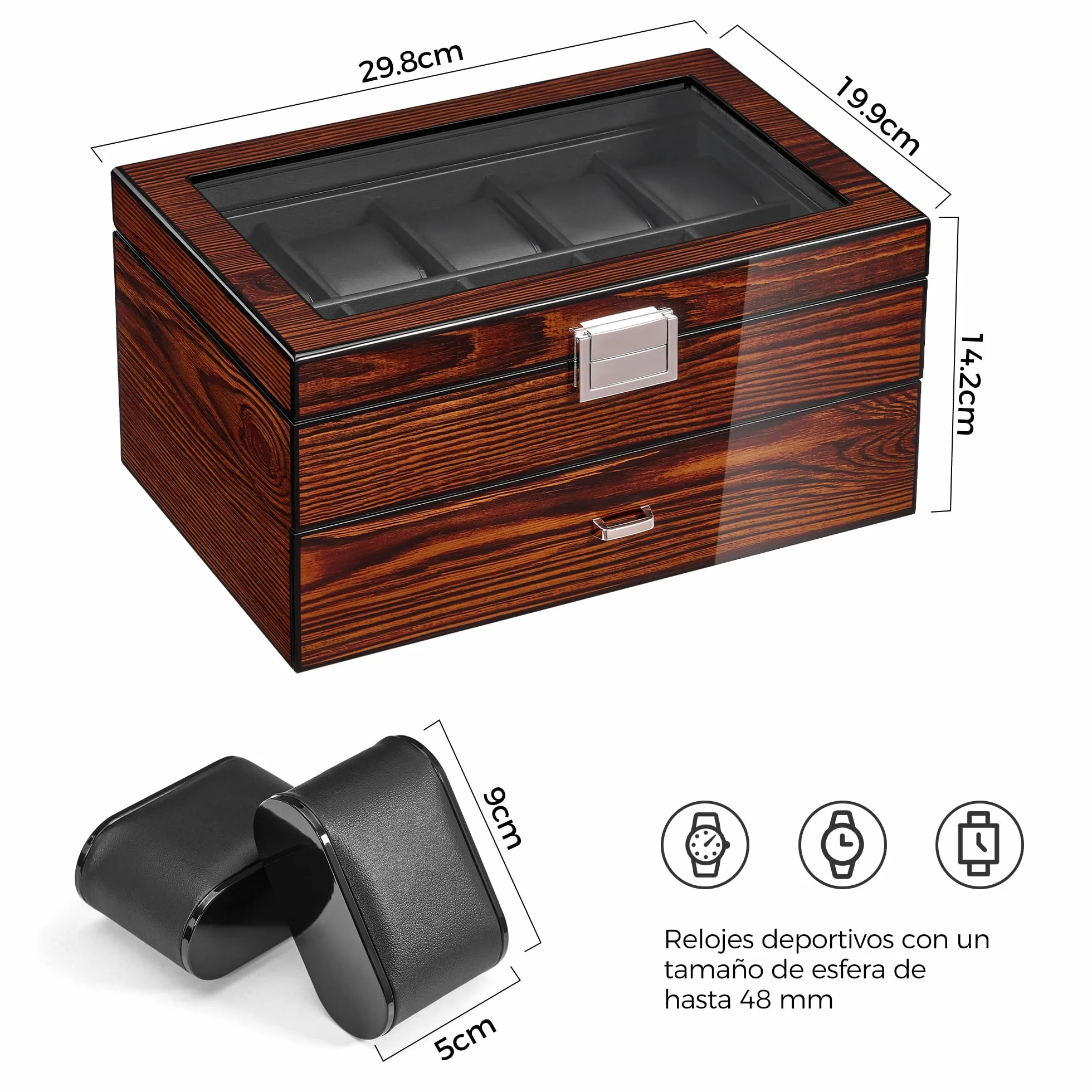 BEWISHOME Caja de Relojes con 20 Compartimentos, Relojero Organizador Hombre, Tapa de Vidrio, Cierre Metálico