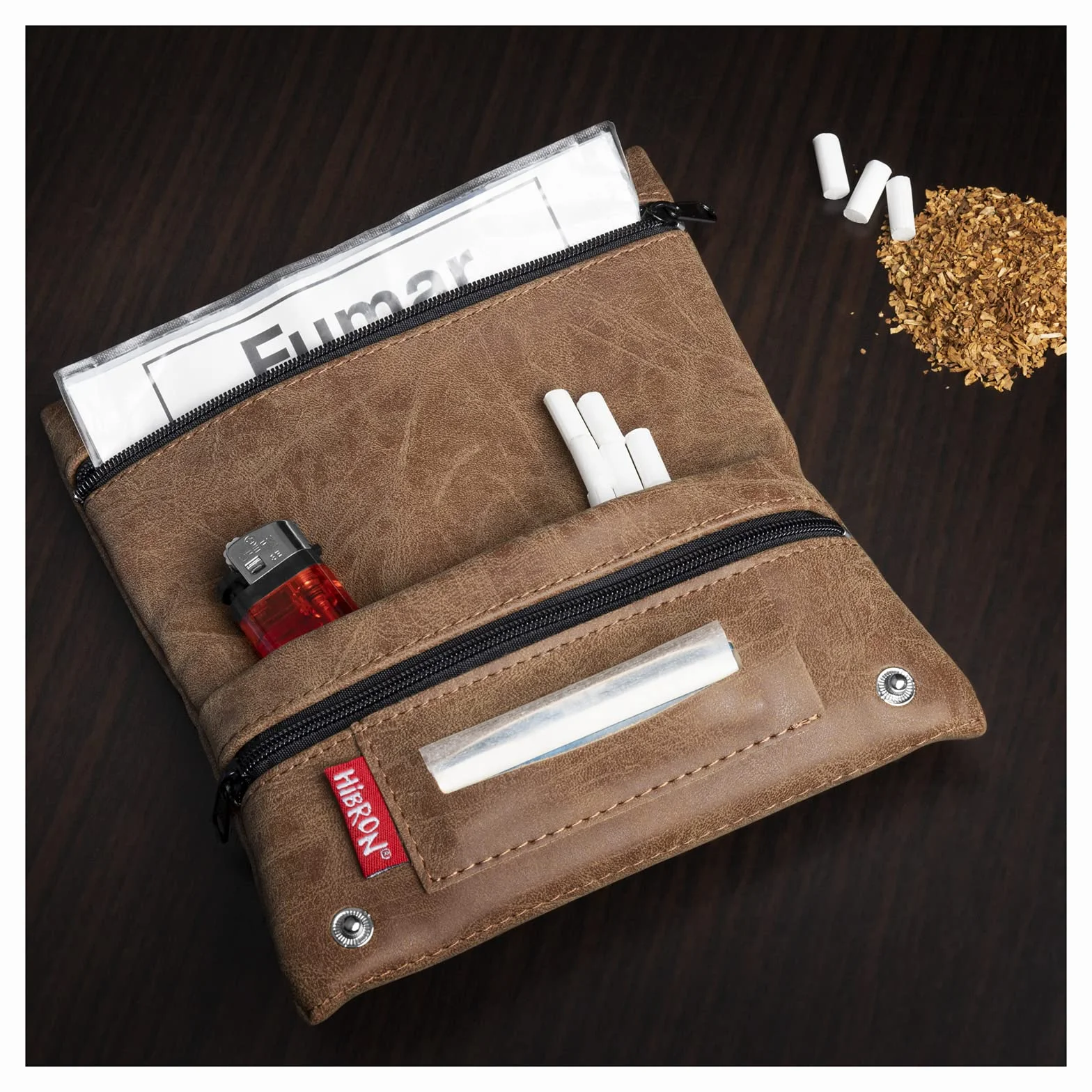 HIBRON Tabaquera Pitillera Funda Bolso para Tabaco de Liar Cuero Marrón