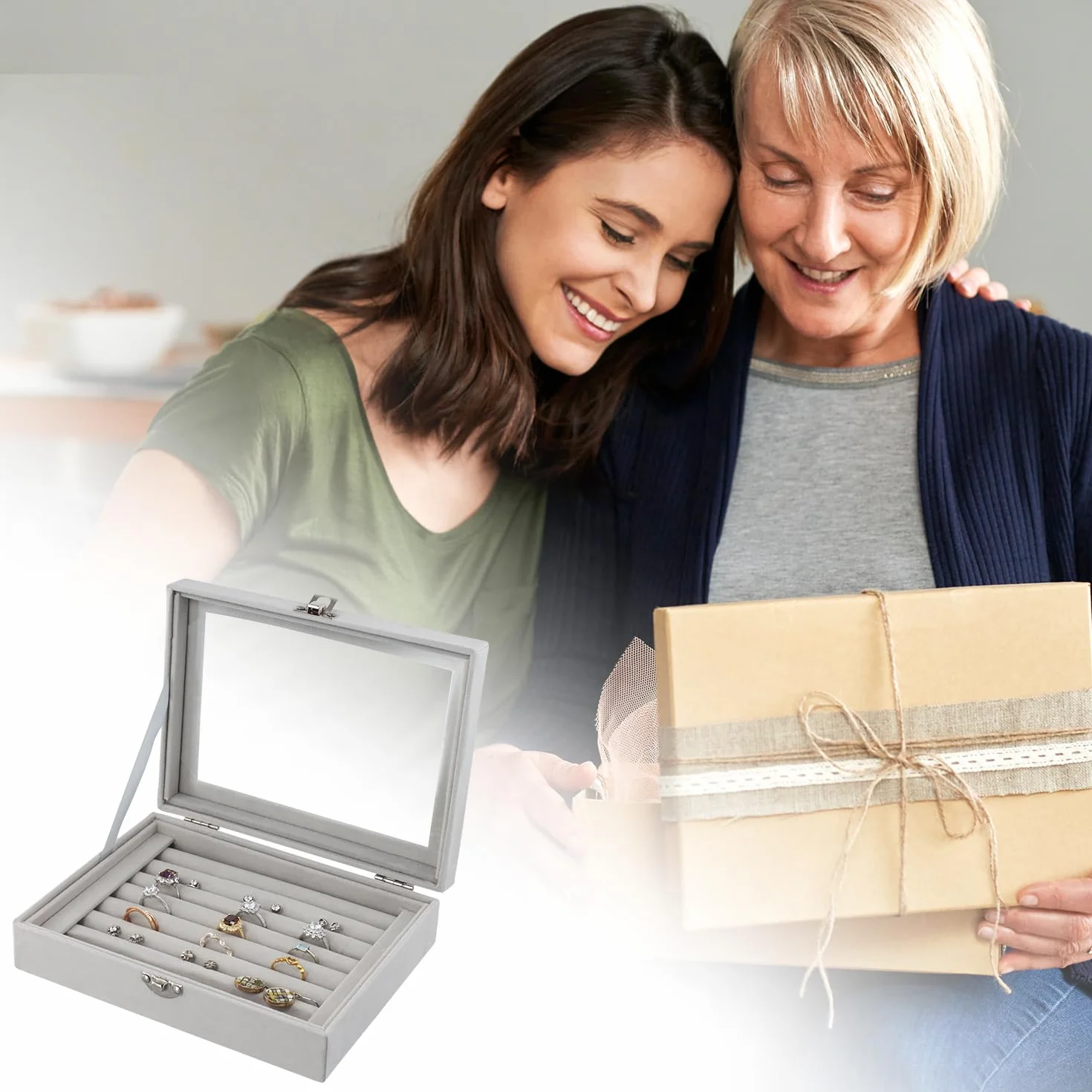 QWORK® Joyero de Terciopelo con Tapa Transparente, Organizador de Anillos 7 Compartimentos