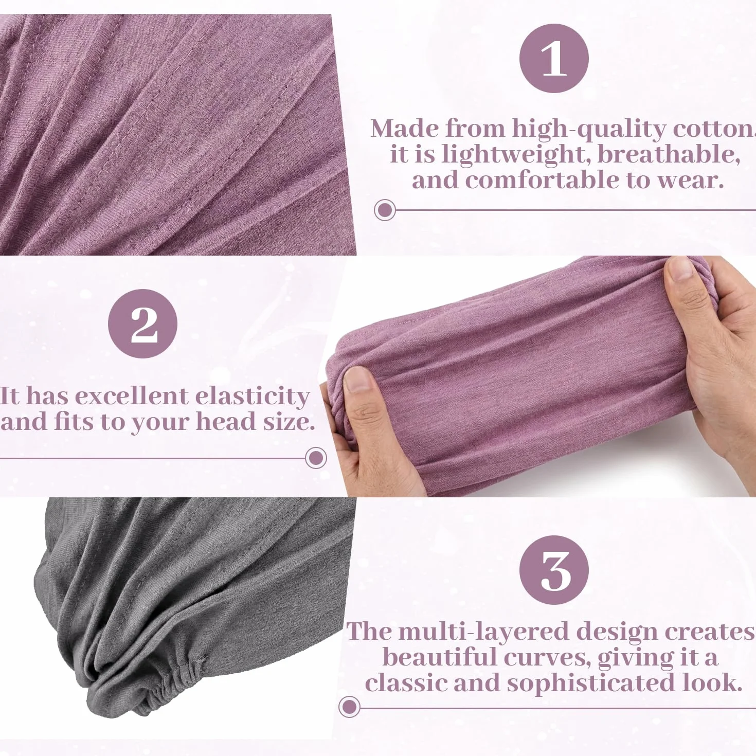 Pack de 2 Turbantes de Algodón para Mujer, Gorros Quimioterapia Transpirables, Pañuelo de Cabeza para Pérdida de Cabello (Rosa y Púrpura)