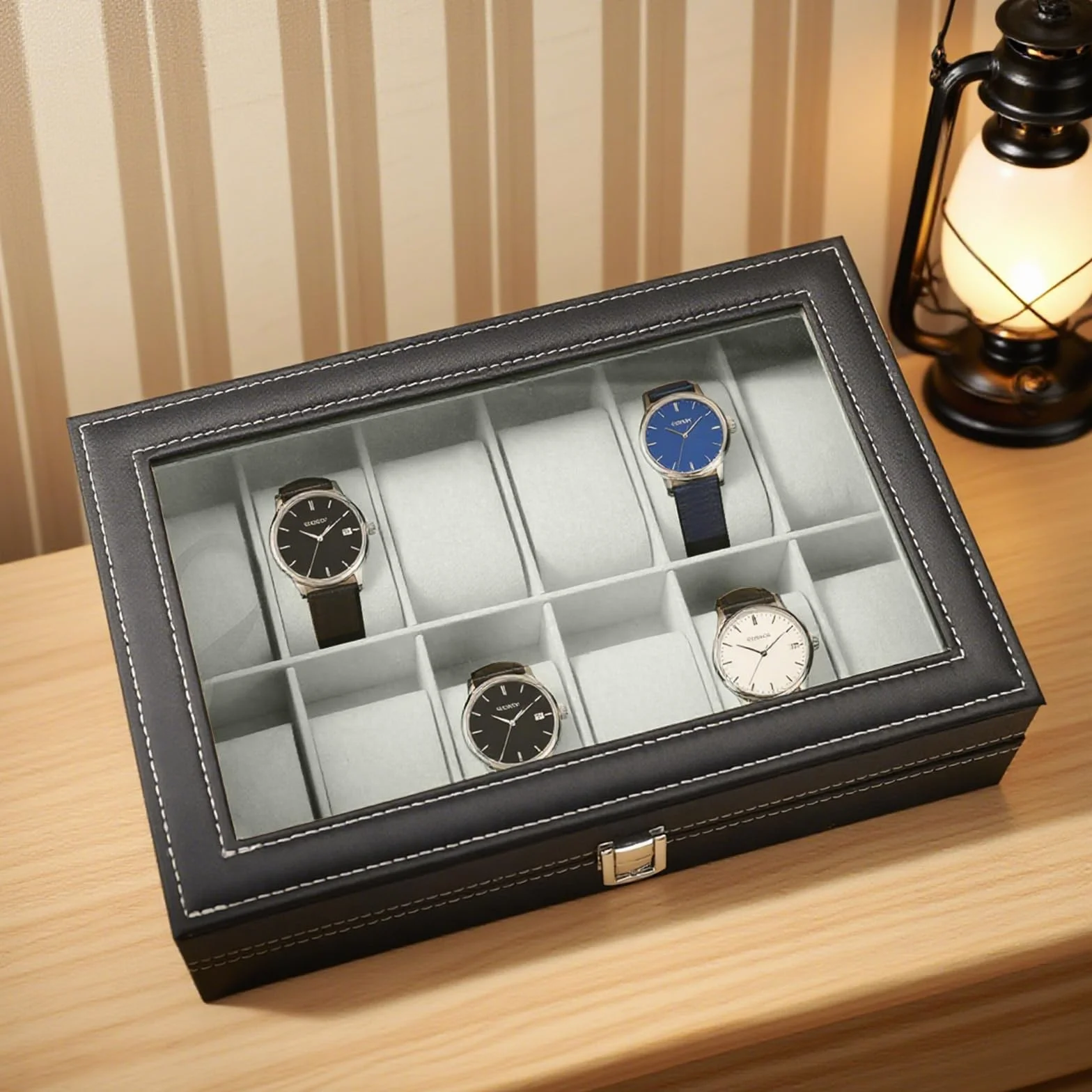 Caja de Relojes 12 Compartimentos, Estuche de Relojes de PU Cuero con Tapa de Acrílico y Cojines Extraíbles