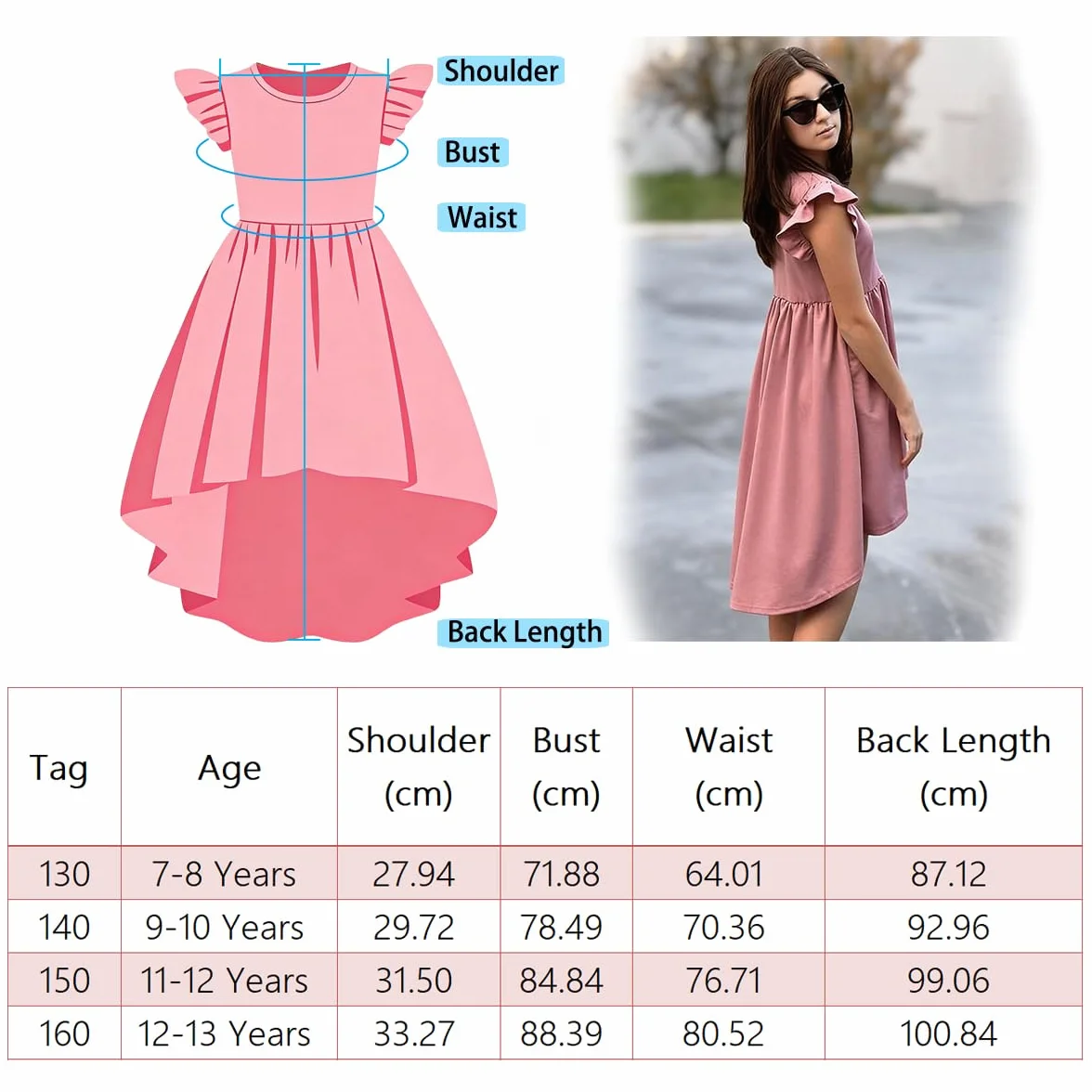 Vestido Niña Casual Corte Asimétrico con Bolsillos Cuello Redondo Elegante