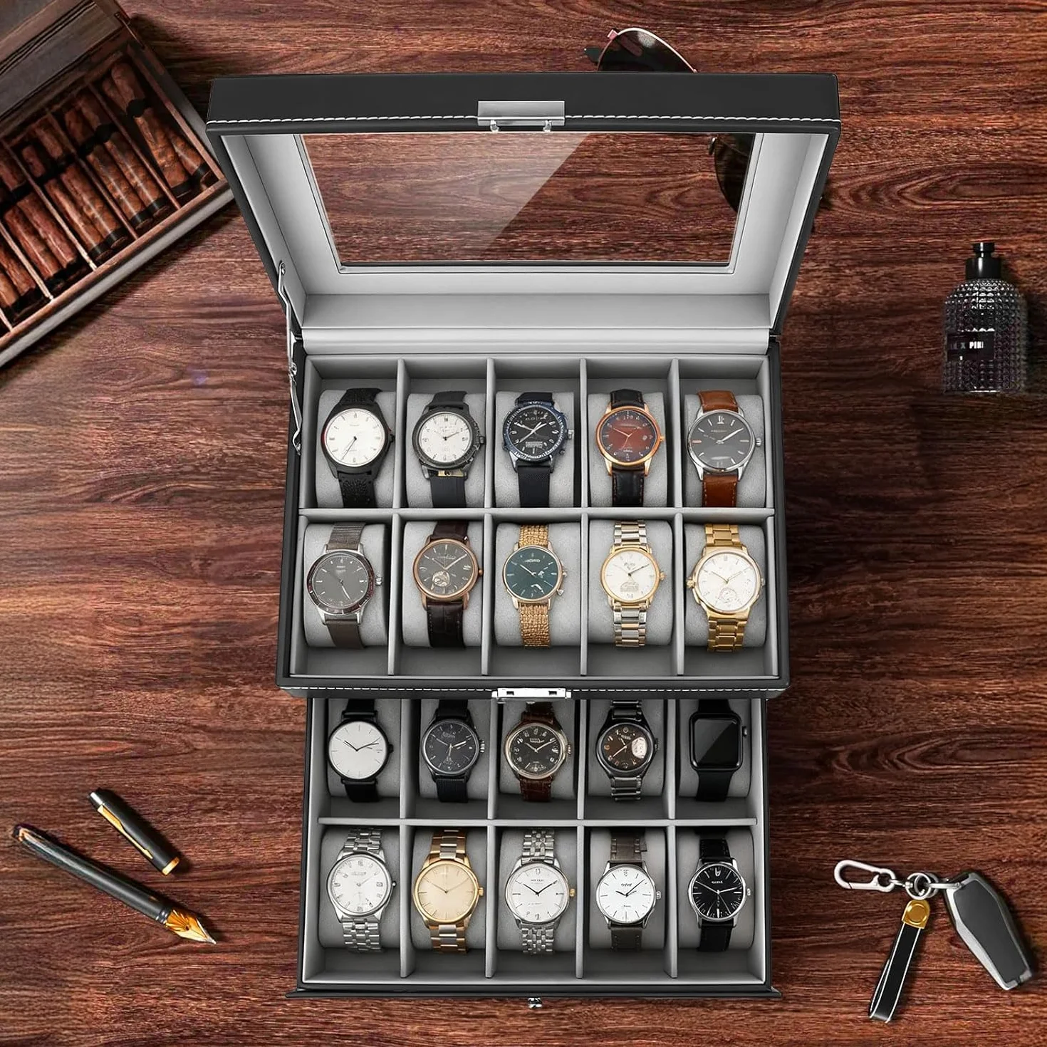 Caja de Relojes con Dos Capas, Estuche Relojero Organizador, Tapa de Cristal, PU Negro