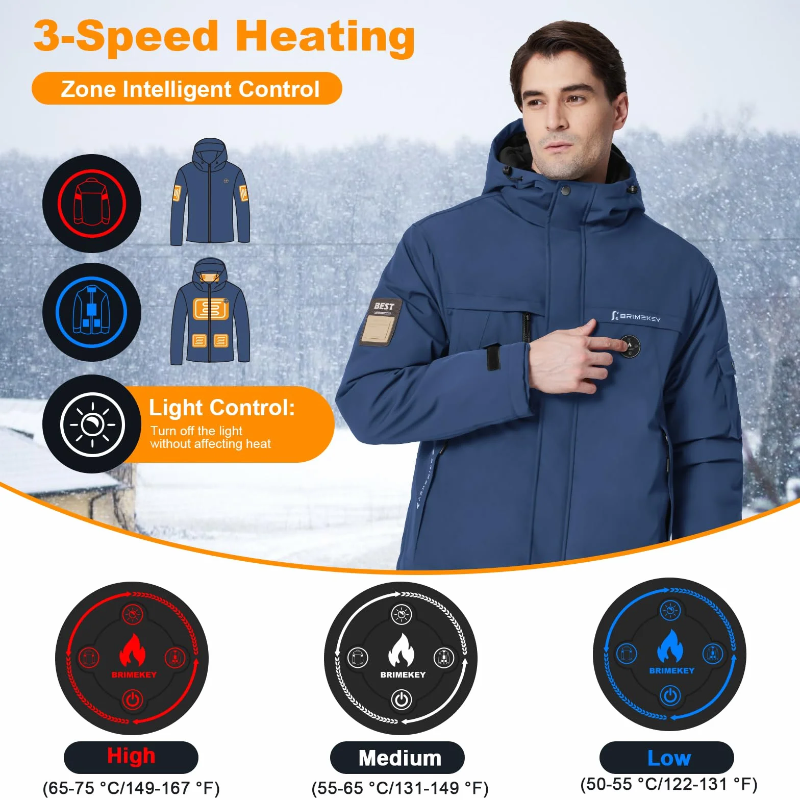 Chaqueta Calefactable Hombre con Batería 7,4V 12000mAh, 6 Zonas de Calor, Impermeable Antiviento para Ski Senderismo Camping