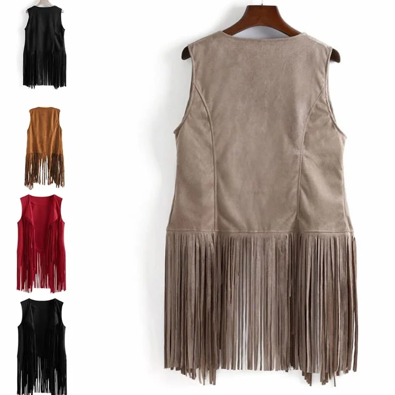 Chaleco hippie sin mangas para mujer con flecos gamuza sintética vintage borlas cárdigan