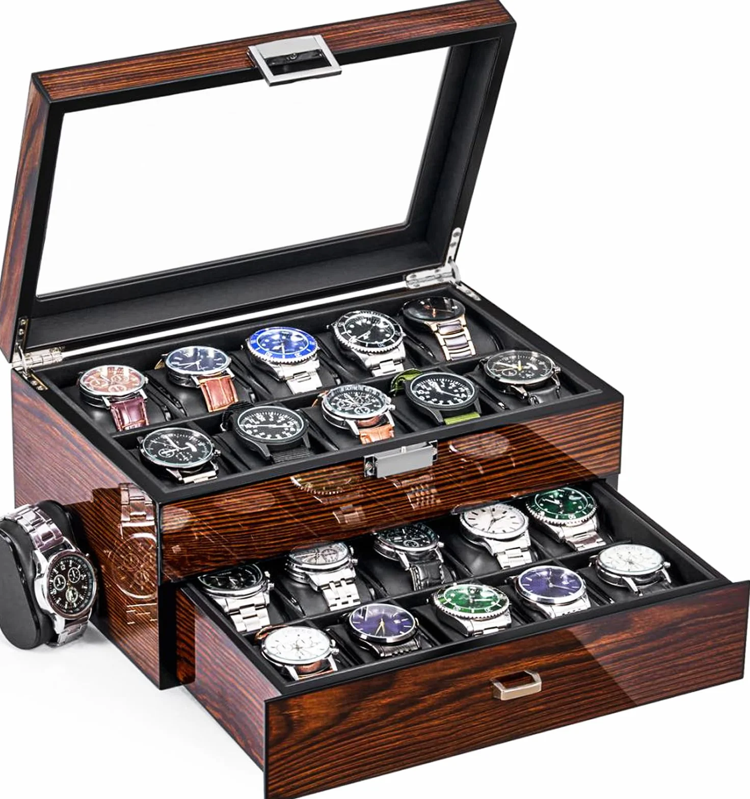 BEWISHOME Caja de Relojes con 20 Compartimentos, Relojero Organizador Hombre, Tapa de Vidrio, Cierre Metálico