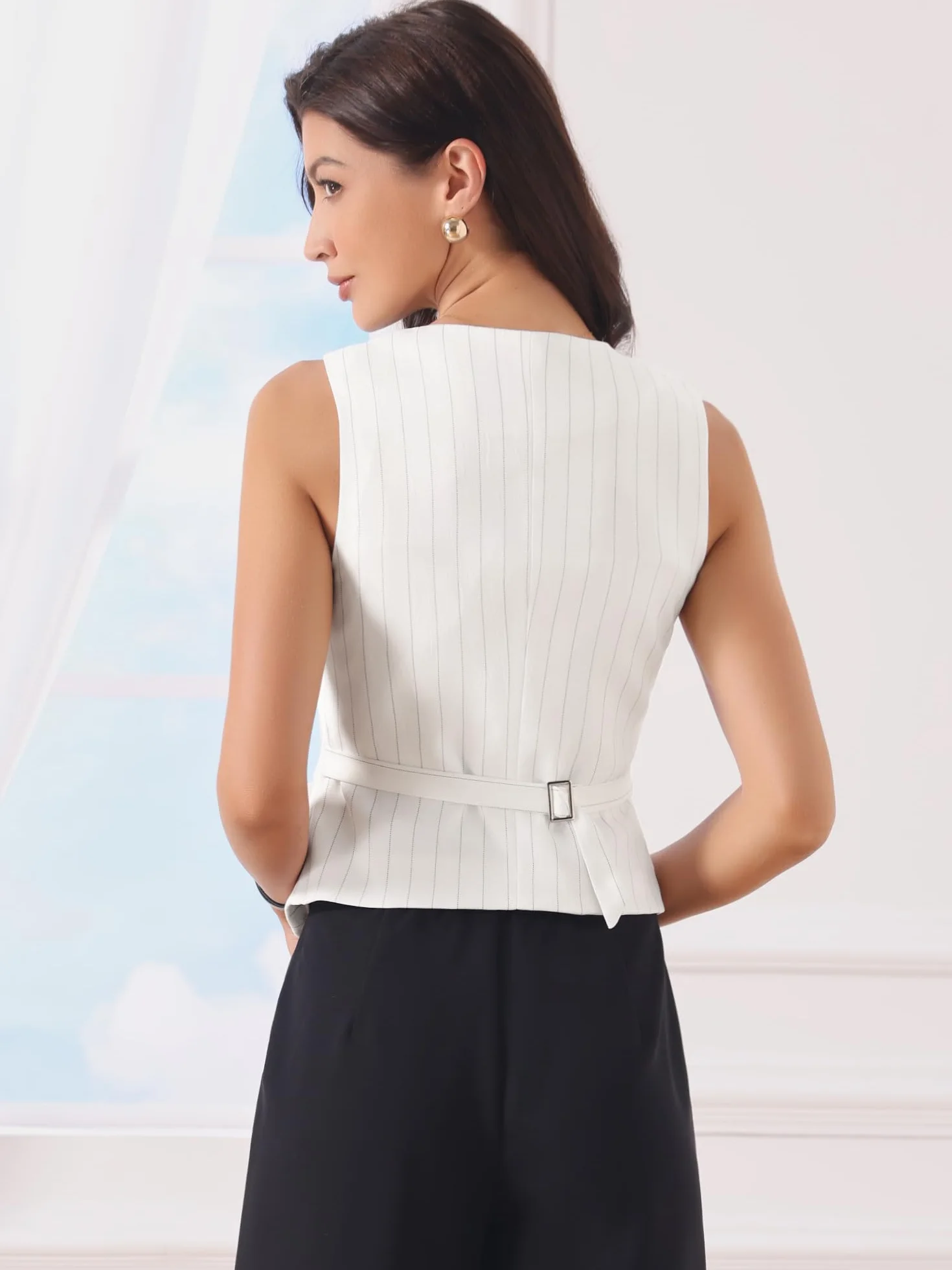 Allegra K Chaleco de Traje Mujer A Rayas Cuello En V Blazer Sin Mangas Con Botones