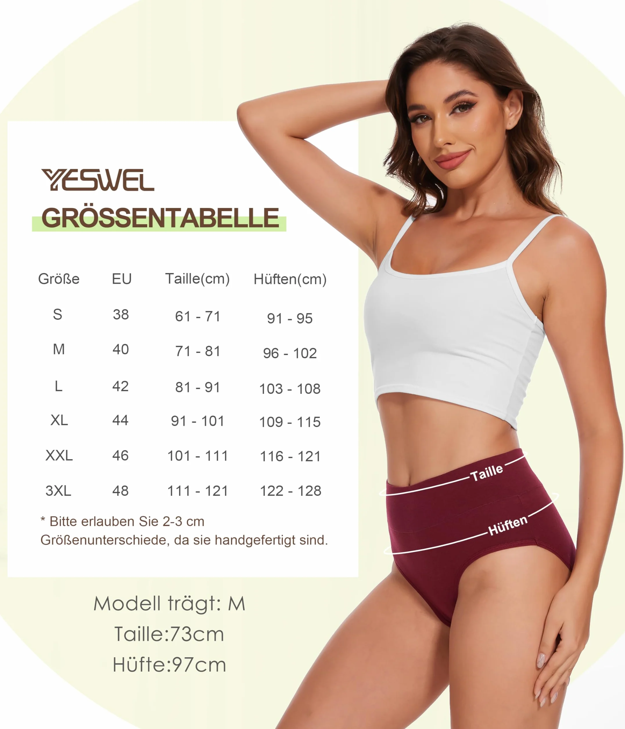 YESWEL Calzoncillos Mujer 5 Pack, Ropa Interior de Algodón Cintura Alta Hipster Bragas Elásticas Transpirables S-3XL