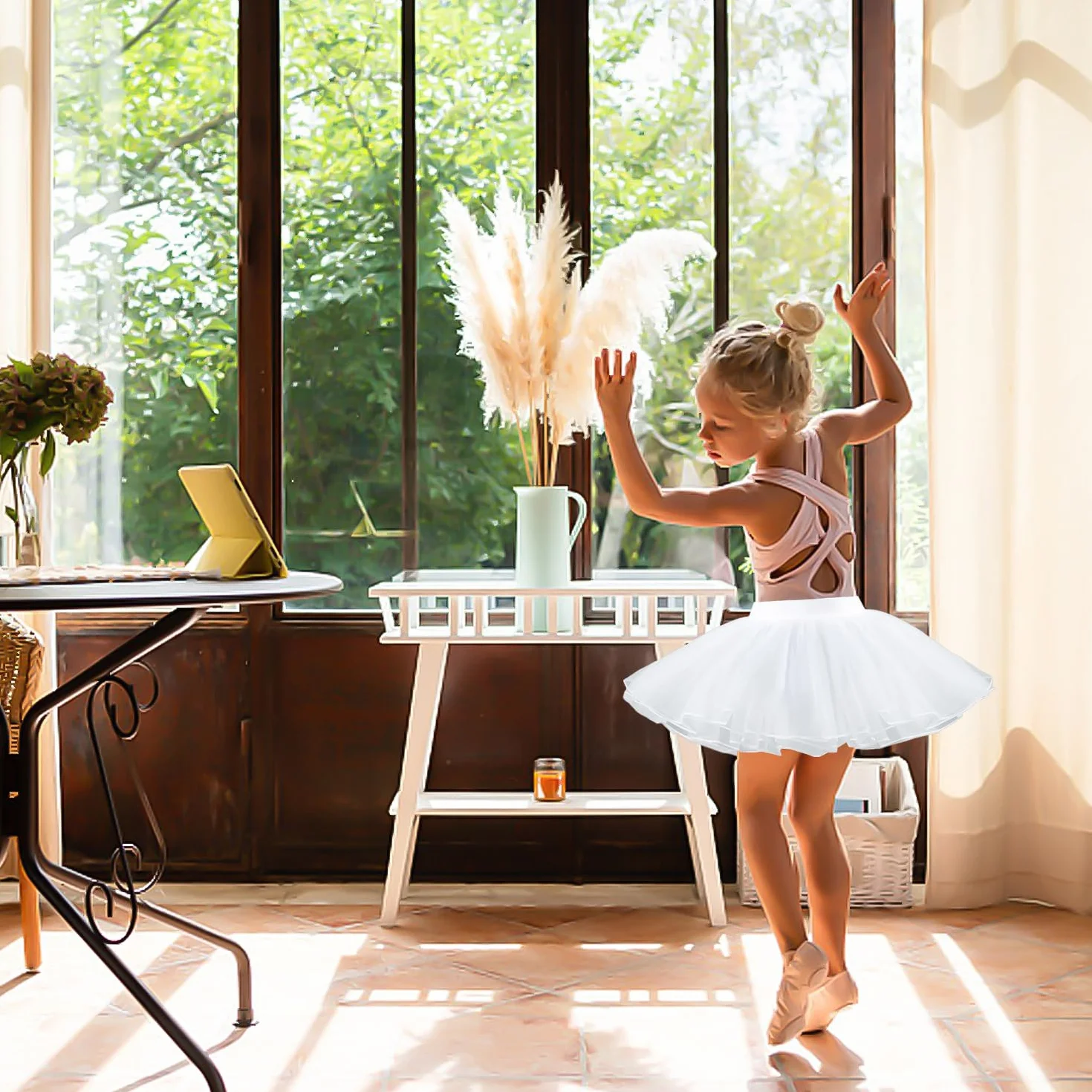 Vestido Blanco de Tutú para Niñas, Falda de Ballet de Tul Elástico