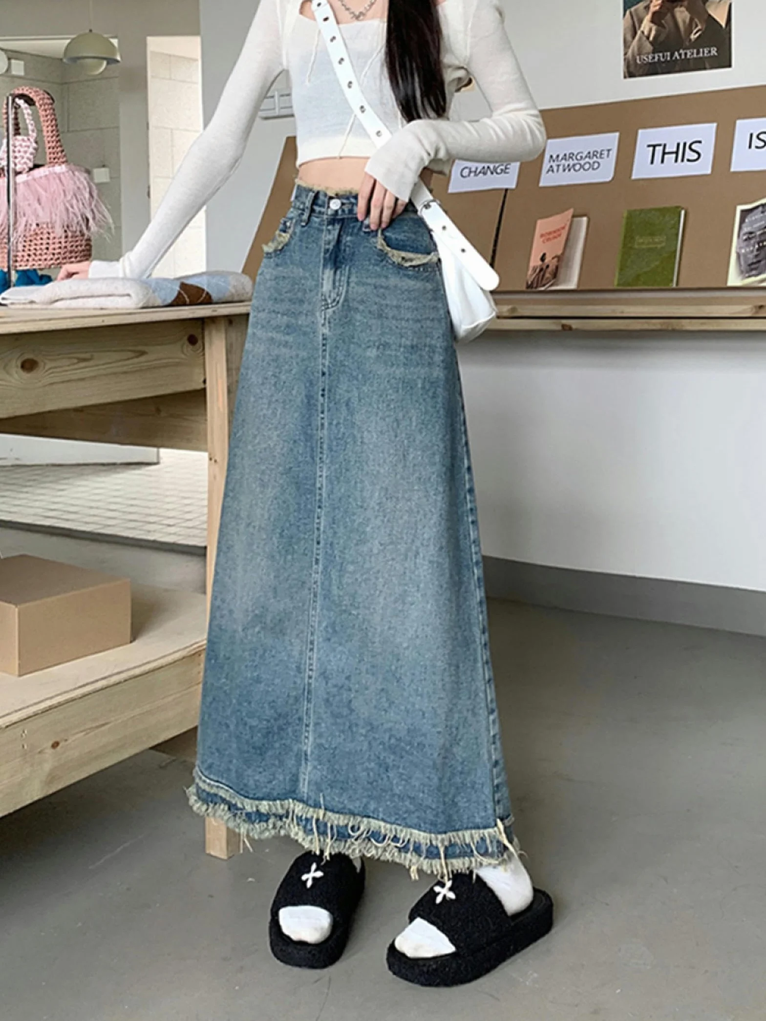 Falda Larga Vintage Azul Mujer Otoño Invierno Cintura Alta Paraguas Borde Crudo Vaquera Y2K