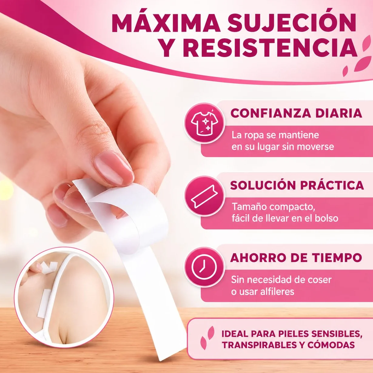 Cinta Doble Cara Invisible Adhesivo Natural Extrafuerte Resistente al Sudor Hipoalergénica para Ropa y Piel Sin Daños Sin Residuos