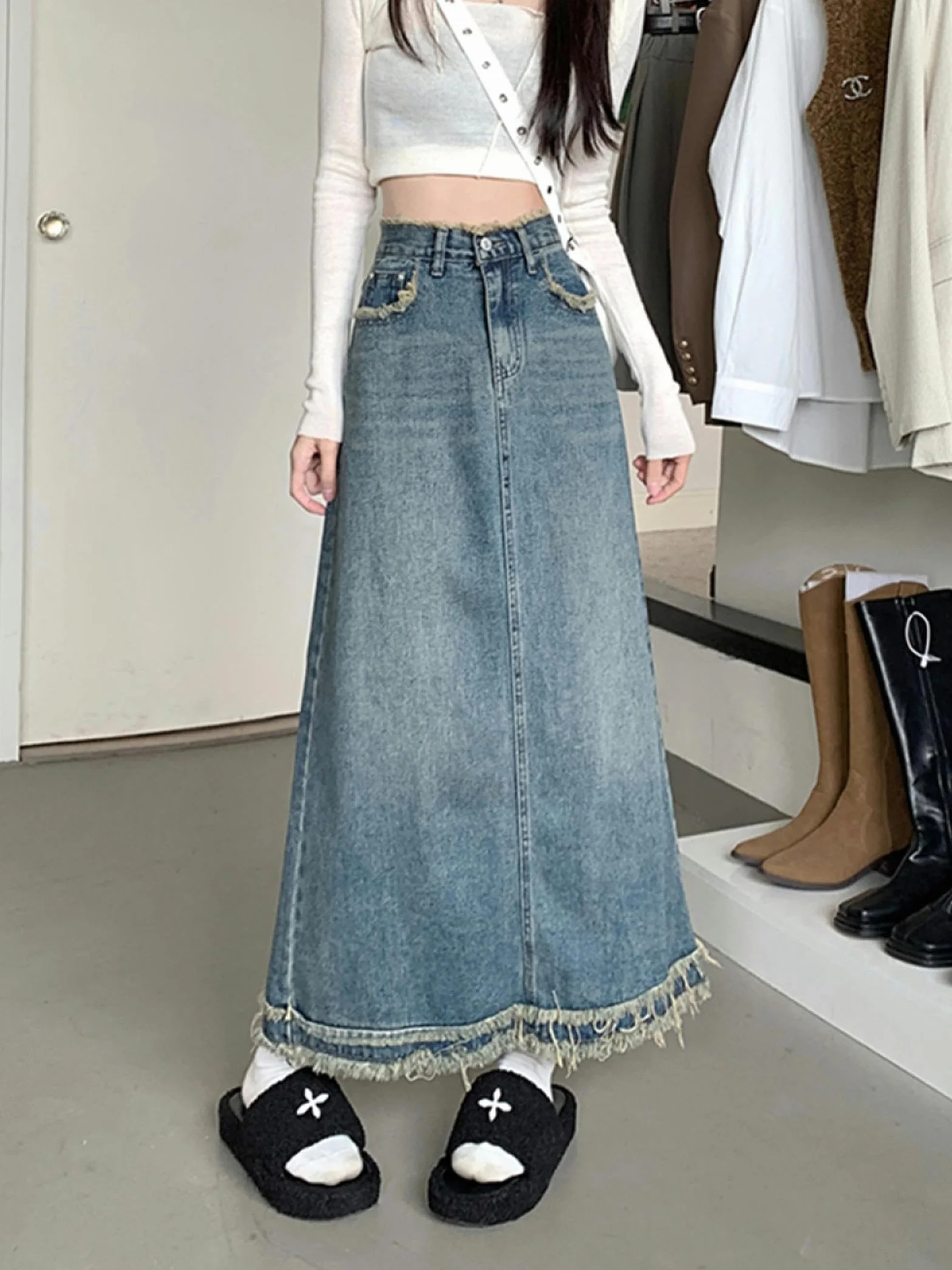 Falda Larga Vintage Azul Mujer Otoño Invierno Cintura Alta Paraguas Borde Crudo Vaquera Y2K