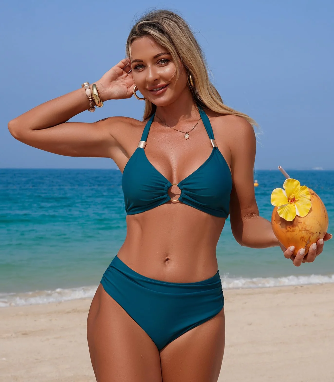 Genfien Bikini Mujer Push Up Cuello en V Traje de Baño de Dos Piezas Sexy Halter Cintura Media