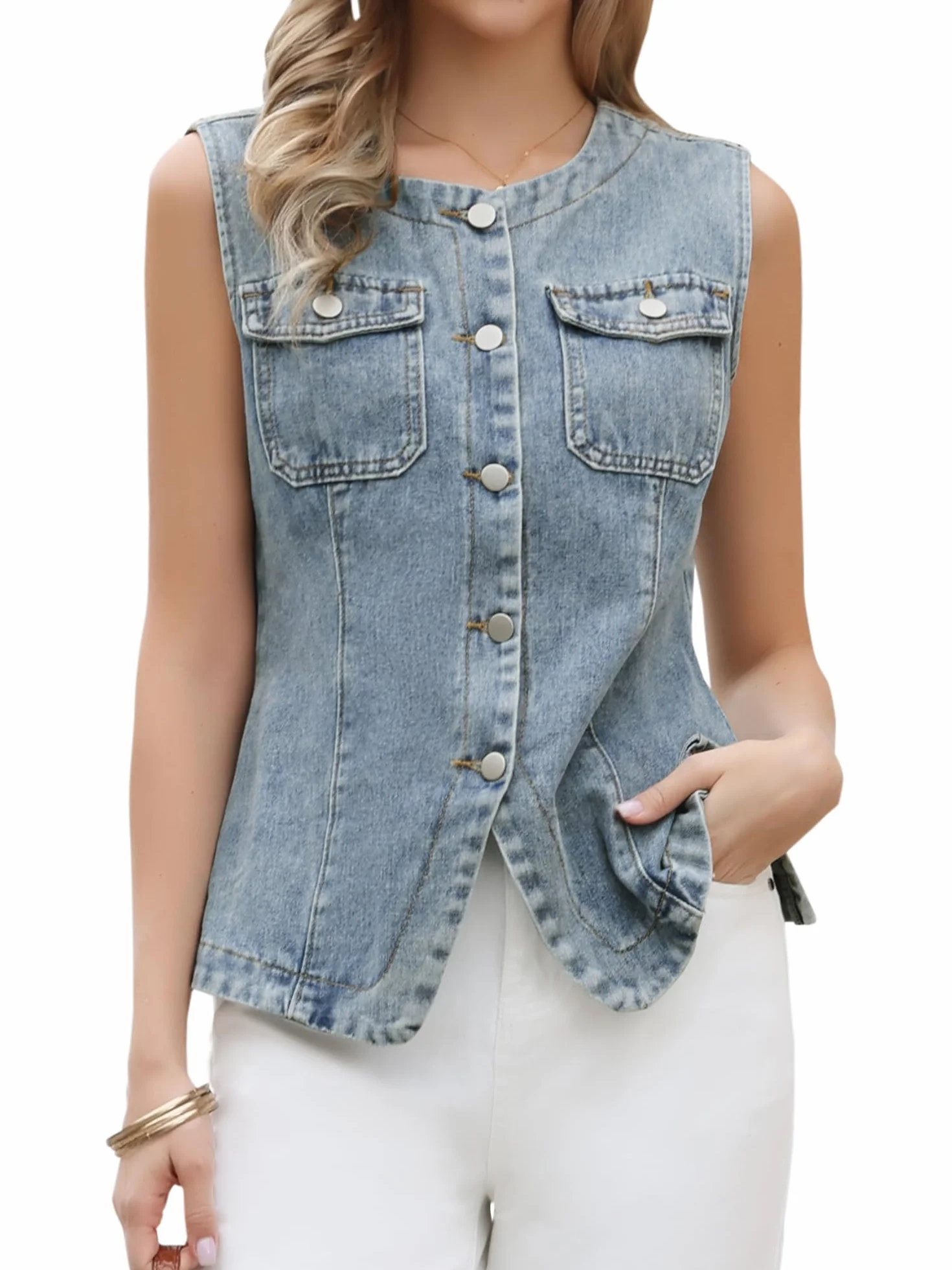 Allegra K Chaleco Vaquero para Mujer Cuello Redondo Botones Casual Corto con Bolsillos