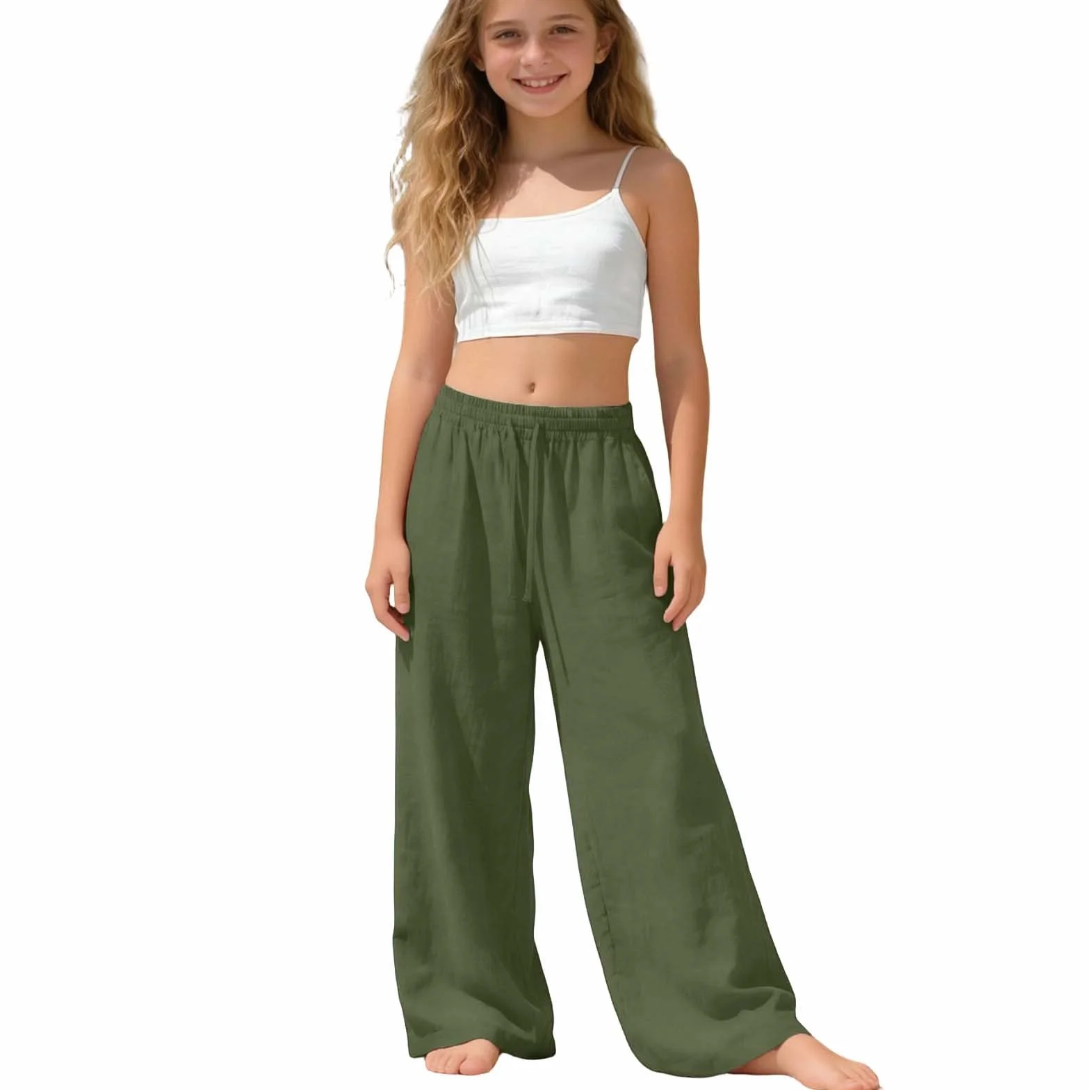 Pantalones de Verano Niña, Casuales Largos Elásticos con Bolsillos Deportivo para 4-15 años